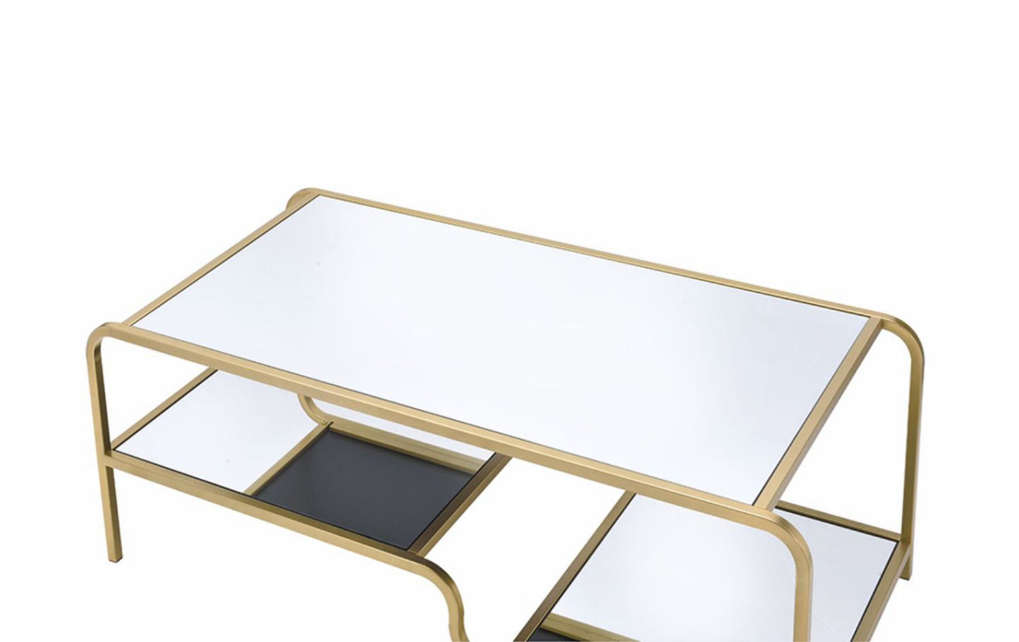 Glamorous gold metal coffee table with mirrored top and shelves