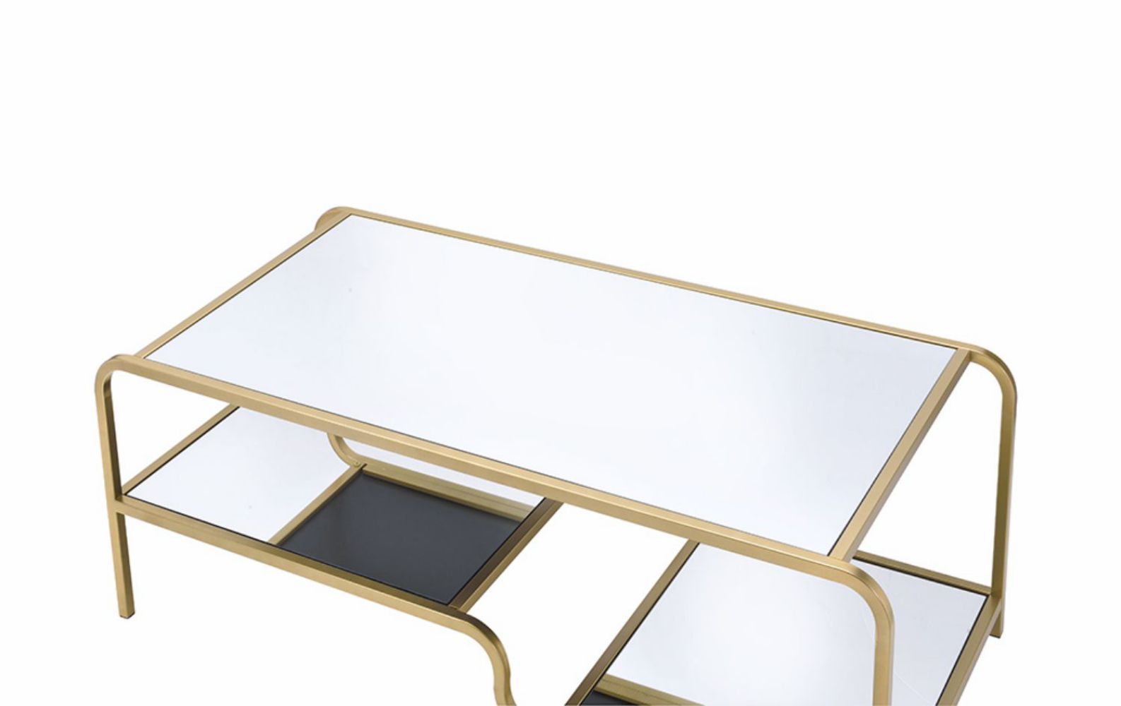 Glamorous gold metal coffee table with mirrored top and shelves