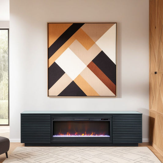 Modern dark gray media console with electric fireplace and glass top