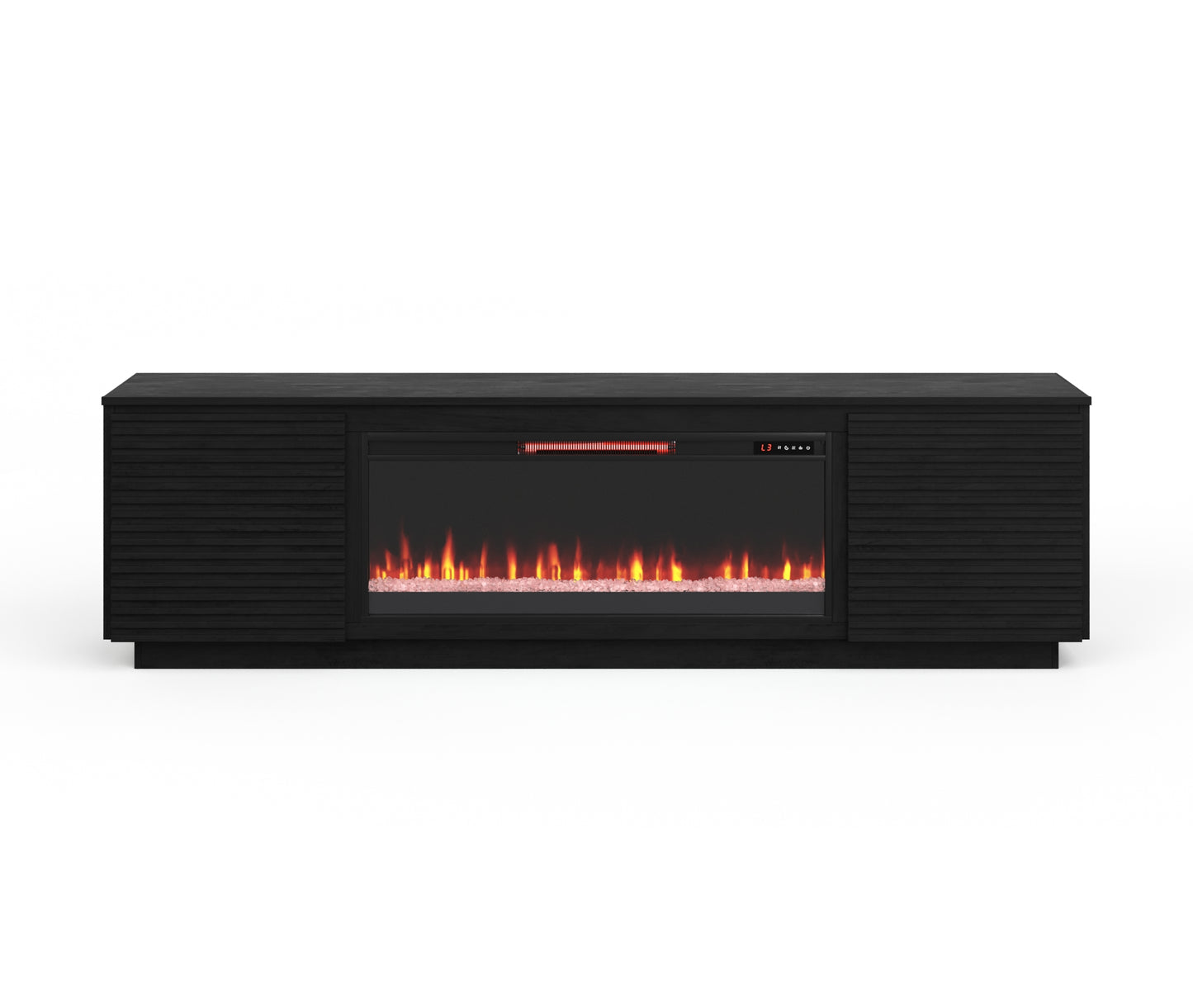 Black media console with modern fireplace insert and ribbed woodgrain detailing