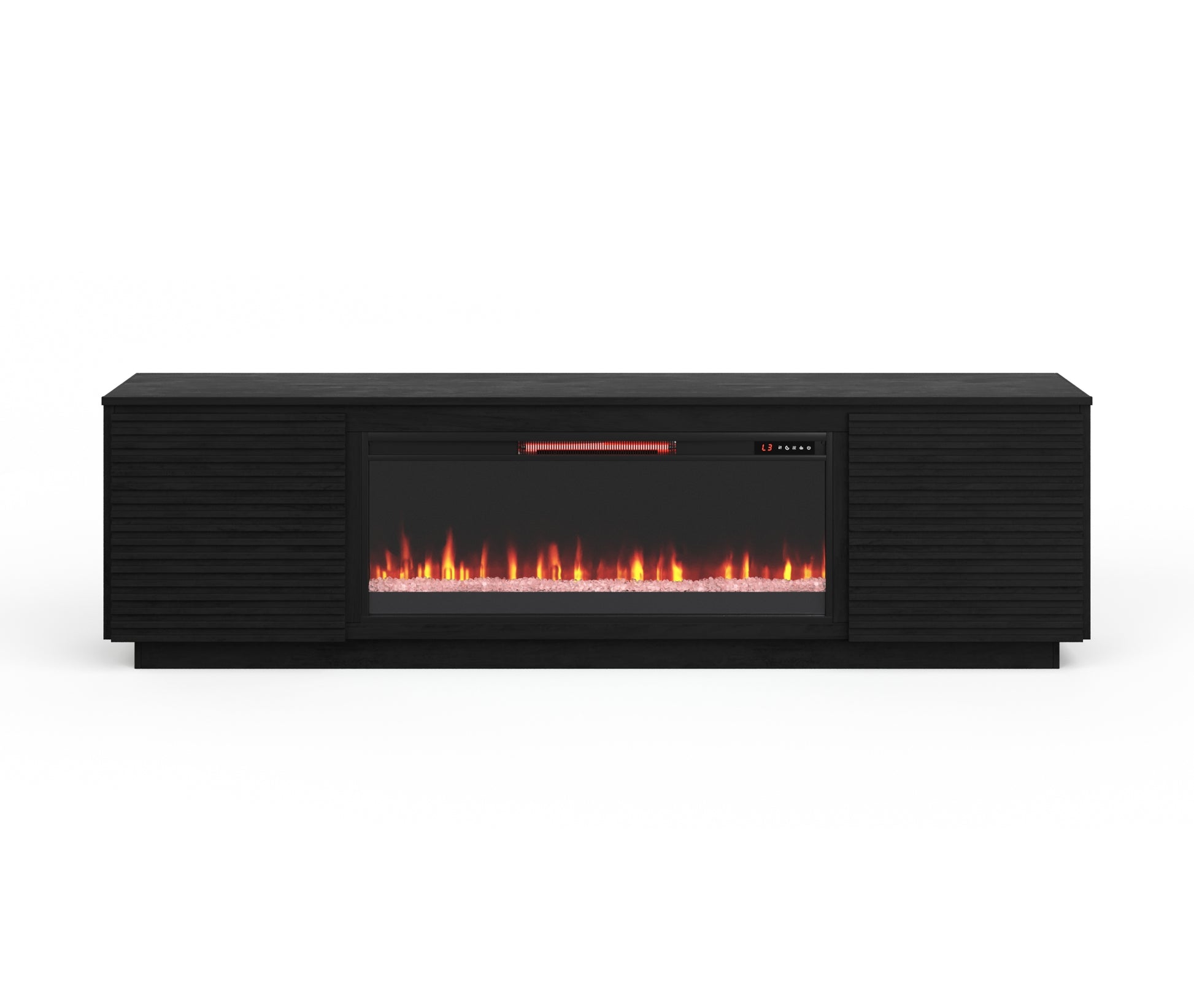 Black media console with modern fireplace insert and ribbed woodgrain detailing