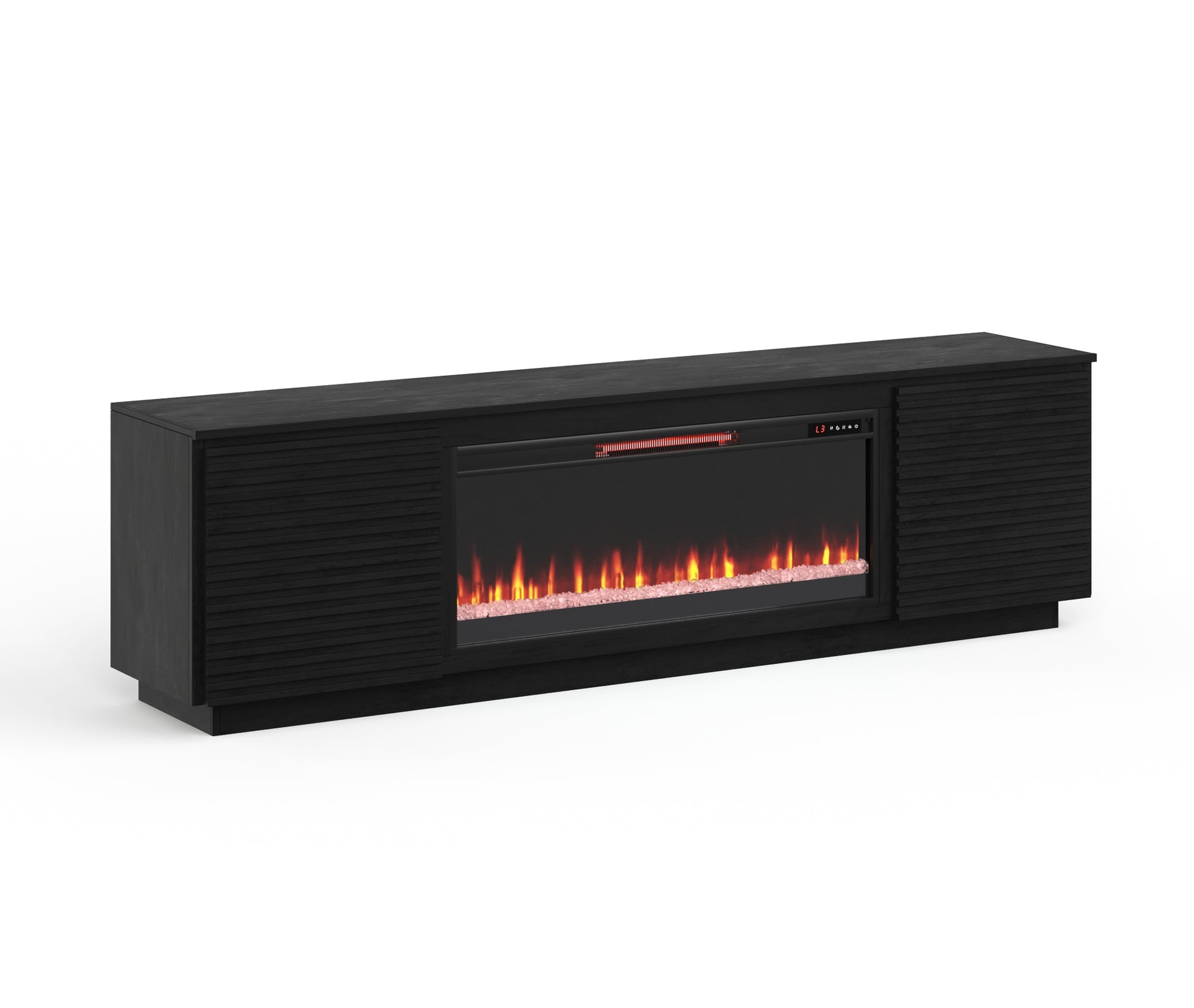 Black wood media console with builtin electric fireplace and decorative crystals