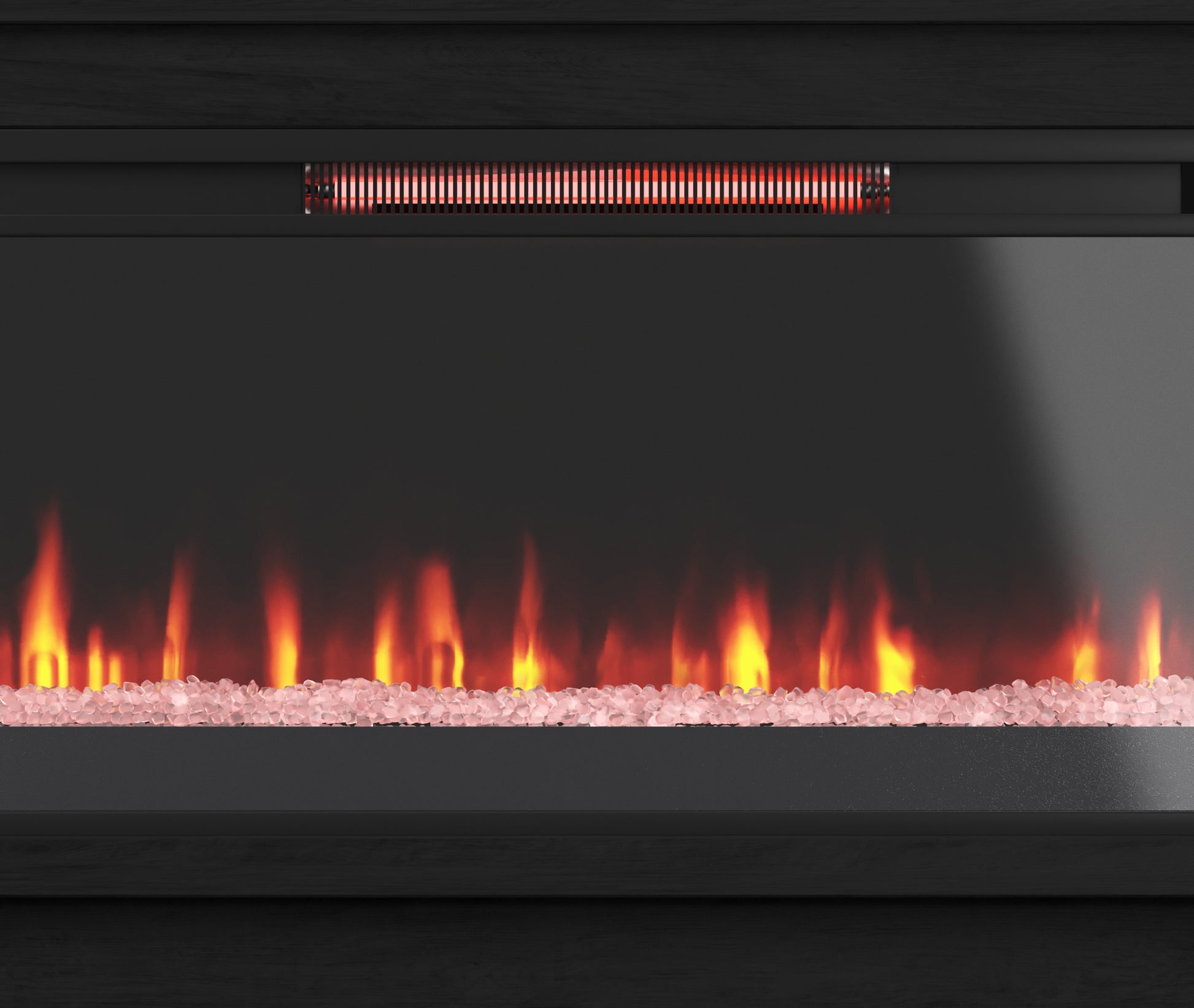 Modern electric fireplace with realistic flames and pink crystal media