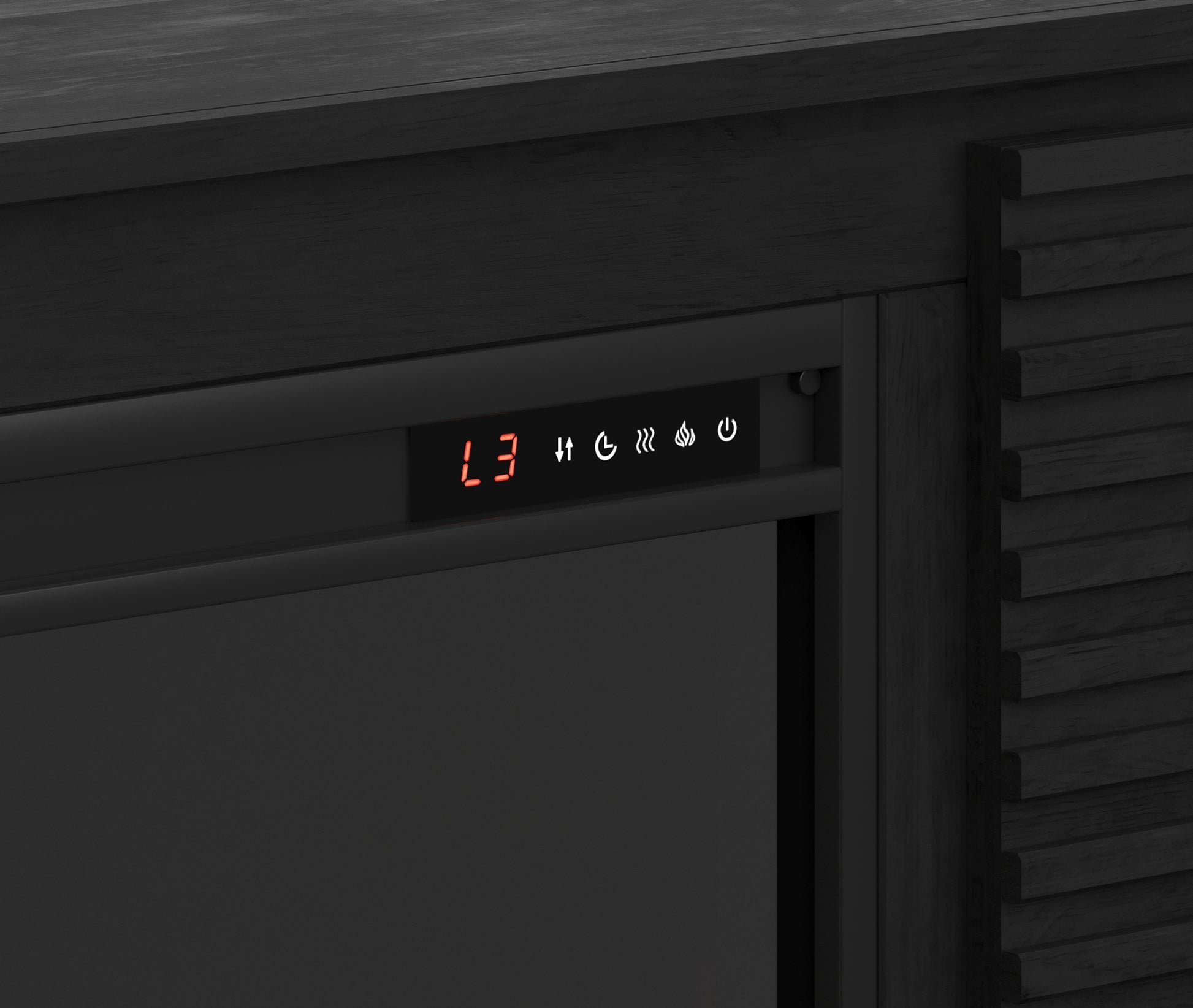 Modern black electric fireplace with LED display showing L and heat settings