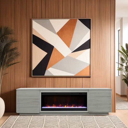 Modern gray media console with electric fireplace