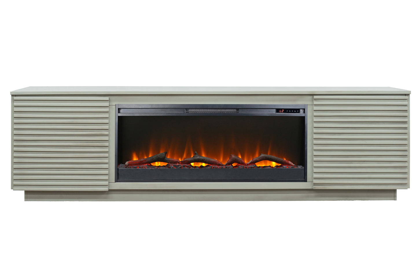 Light gray electric fireplace entertainment center with realistic flame effect