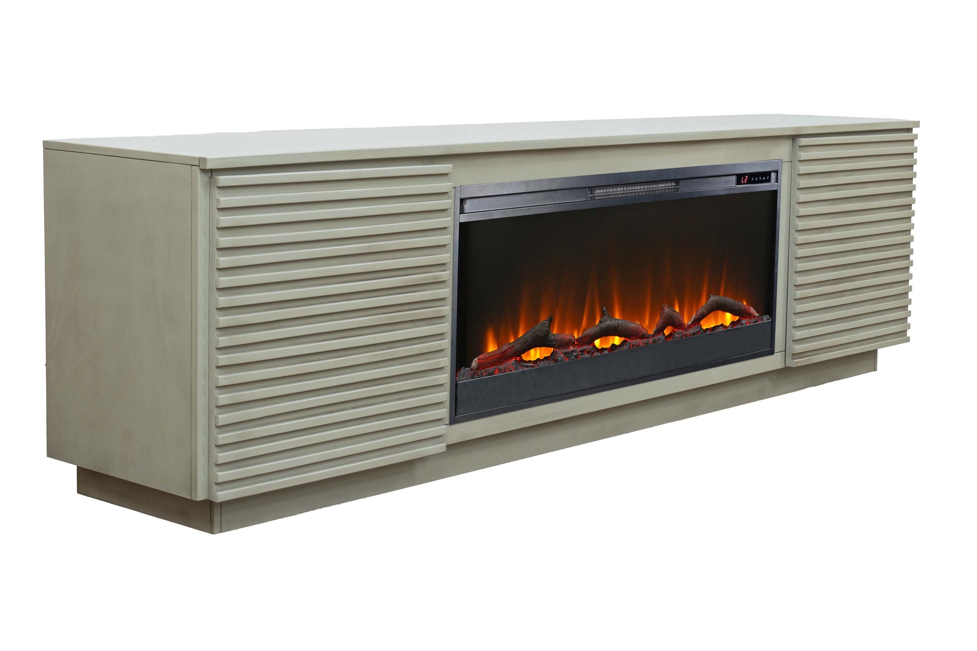 Elegant light gray media console with builtin electric fireplace