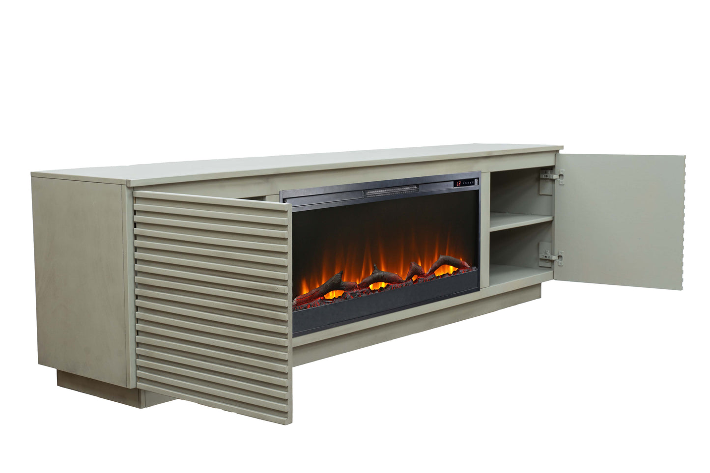 Light gray modern media console with builtin electric fireplace and slatted door details