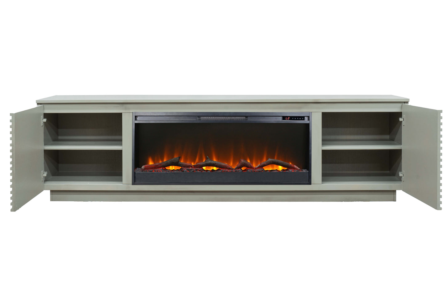 Modern grey TV stand with electric fireplace
