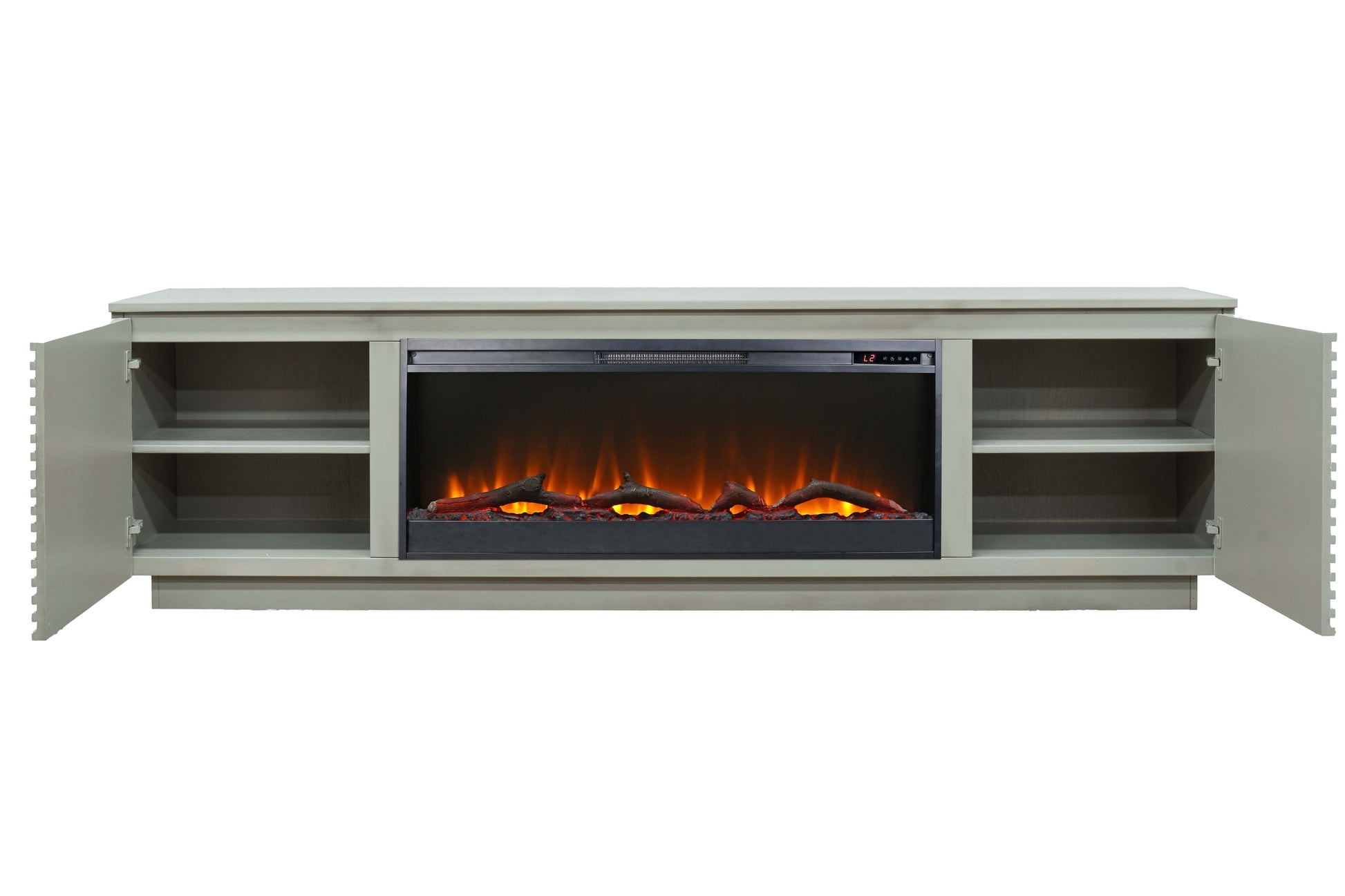 Modern grey TV stand with electric fireplace