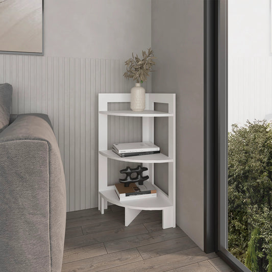 White threetier corner shelf with books and decorative vase