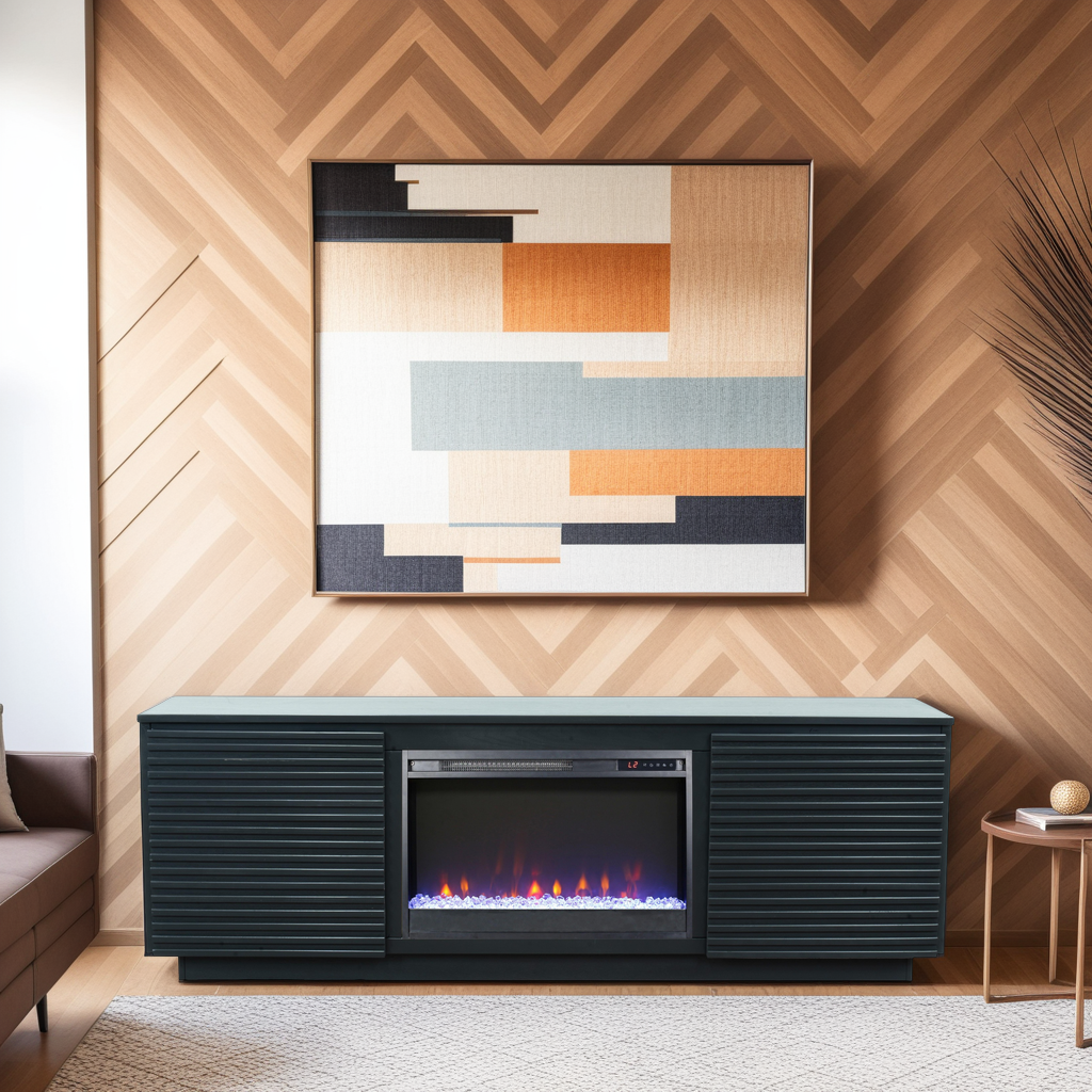 Black fluted entertainment center with electric fireplace
