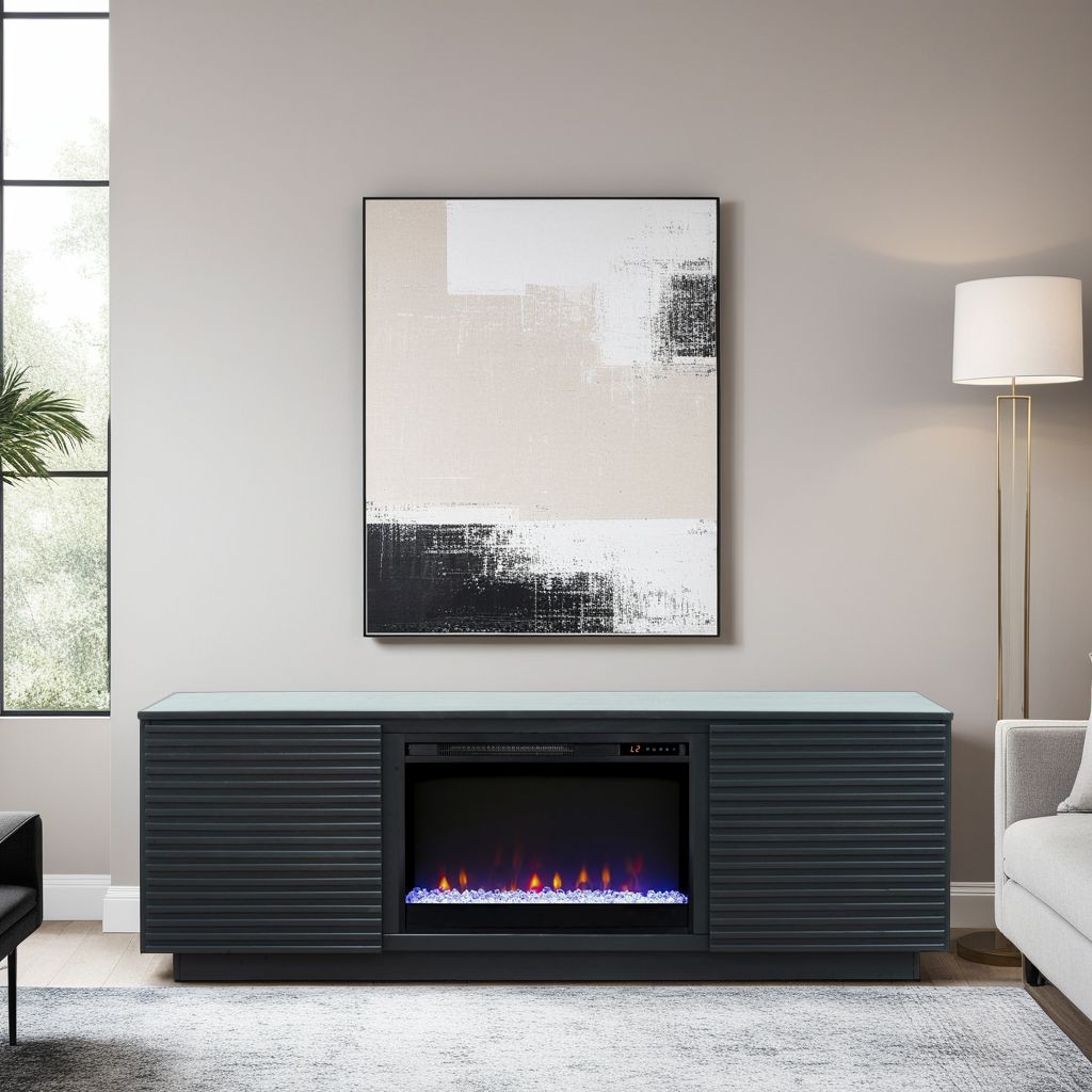 Dark gray media console with electric fireplace