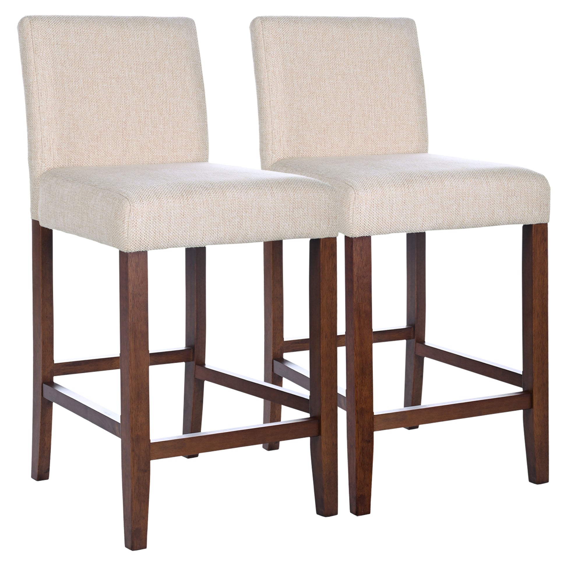 Two neutral woven upholstered bar stools with dark wood legs