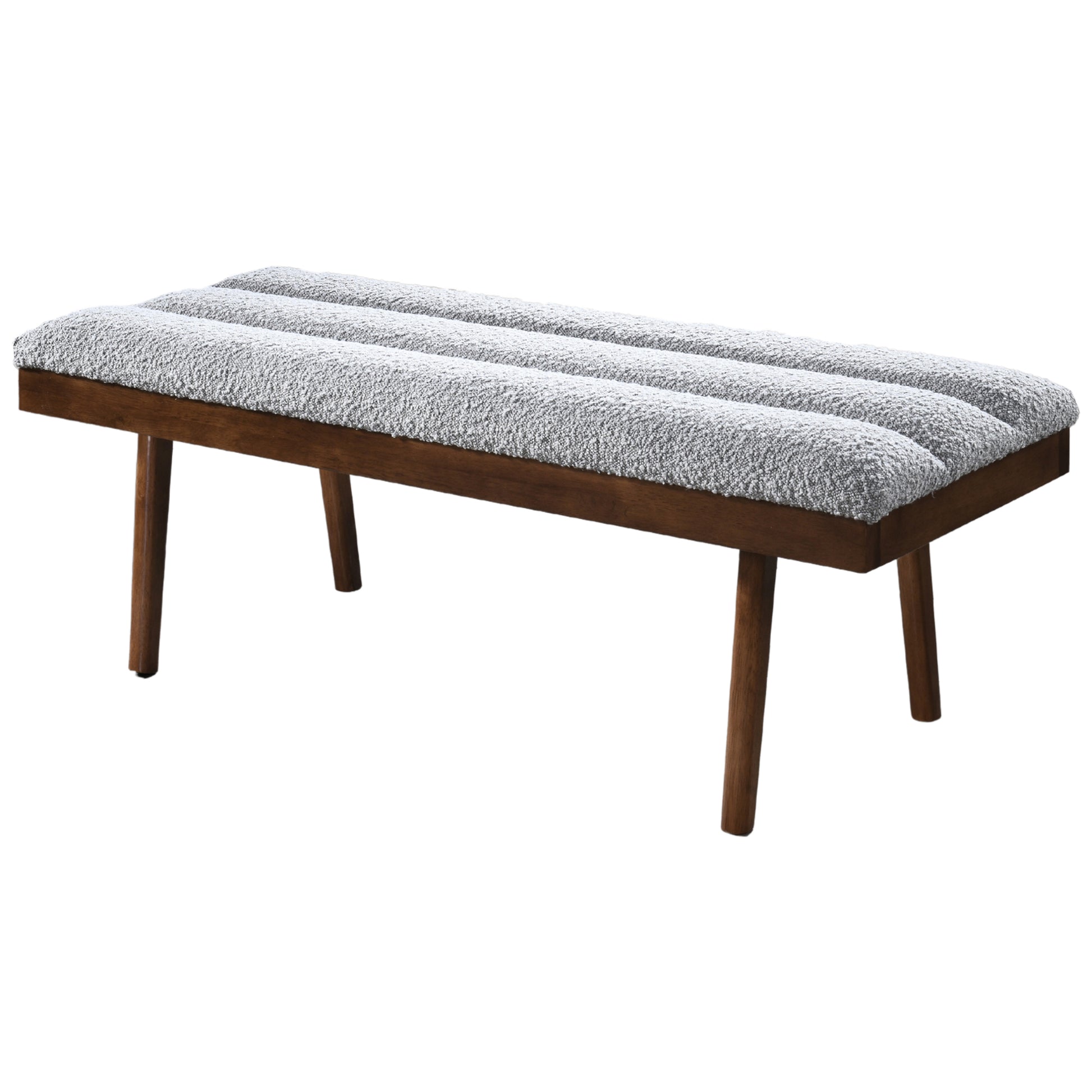 Textured grey upholstered bench with wood legs