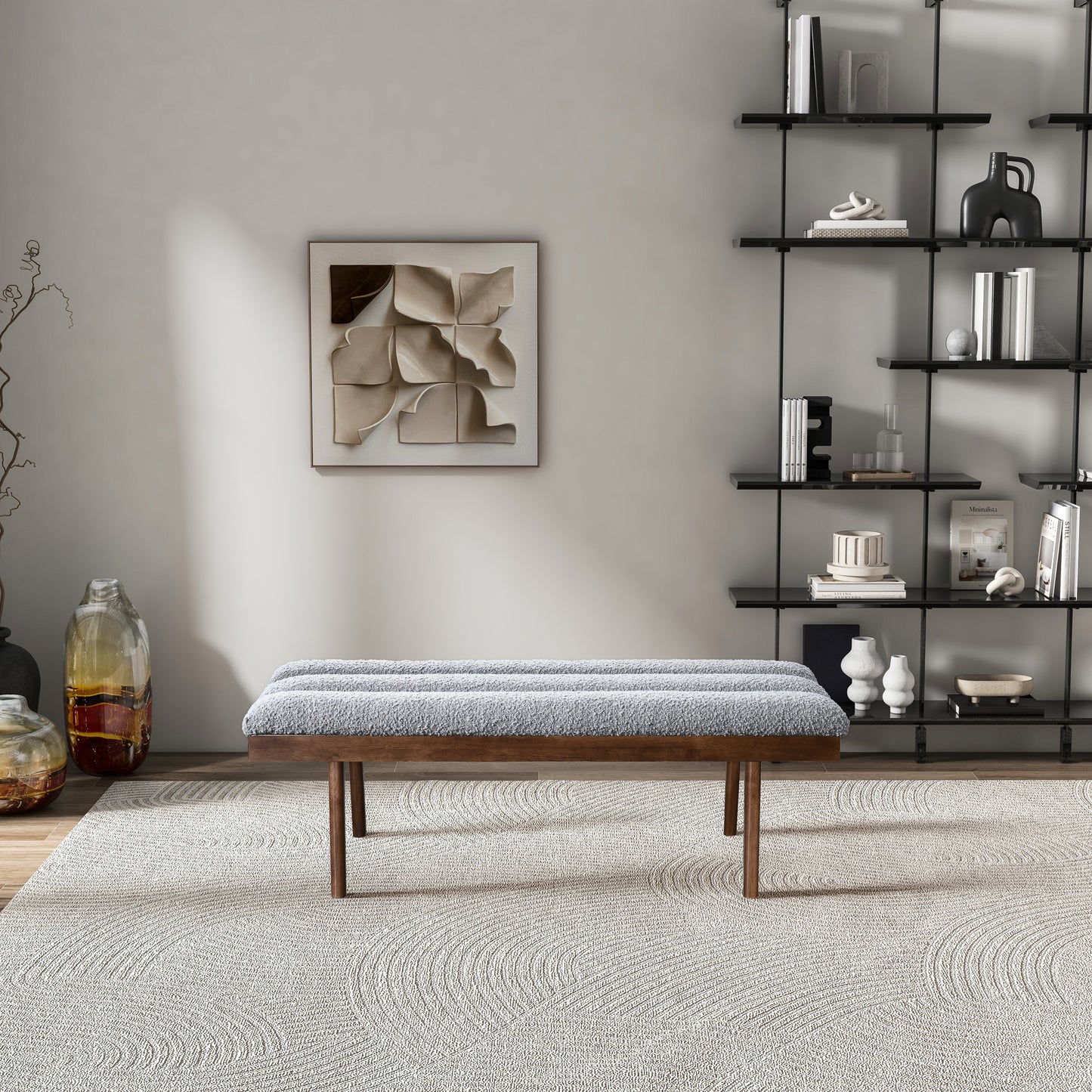 Modern grey textured bench with wooden legs and a boucle fabric seat