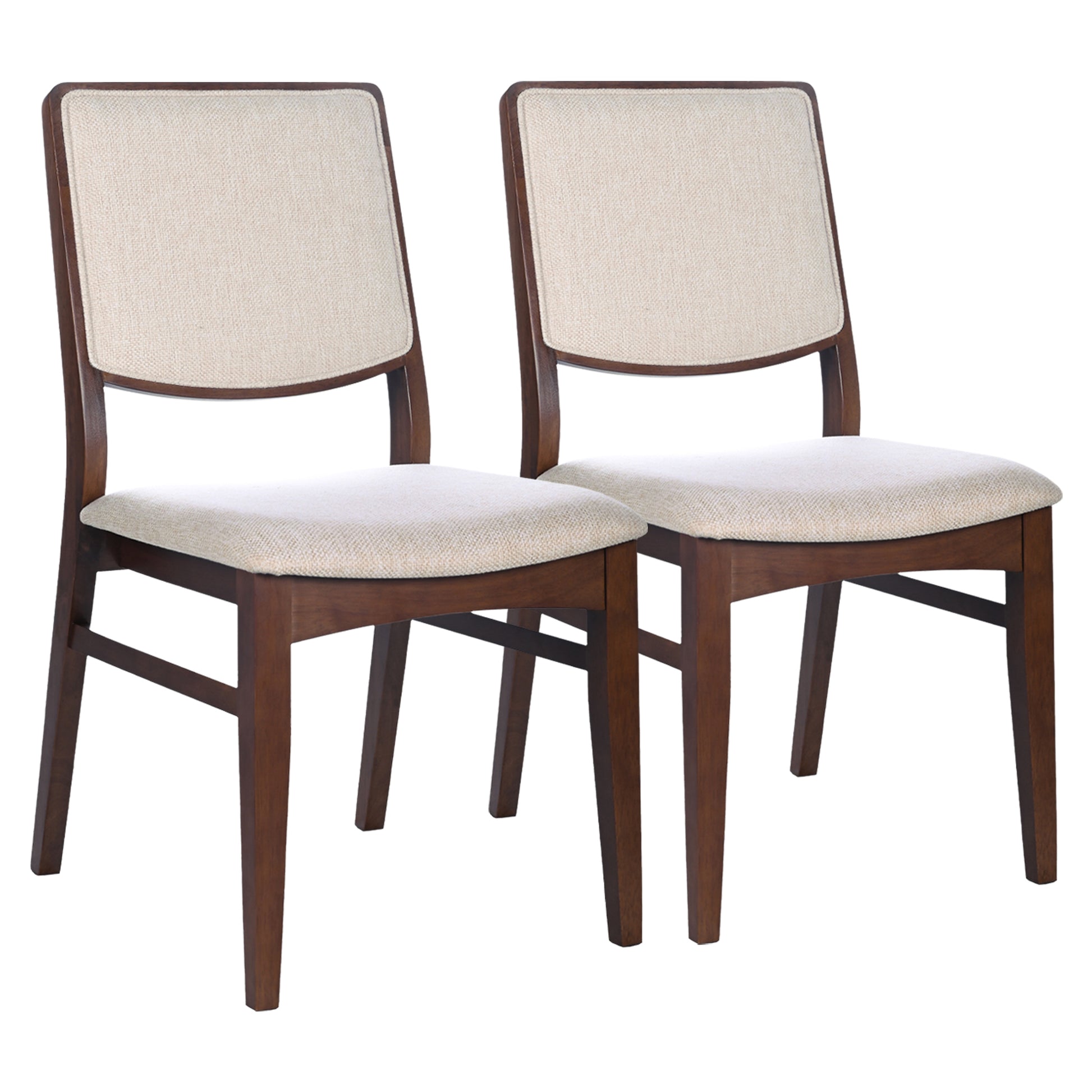 Two upholstered wooden dining chairs with light beige fabric seats and backs