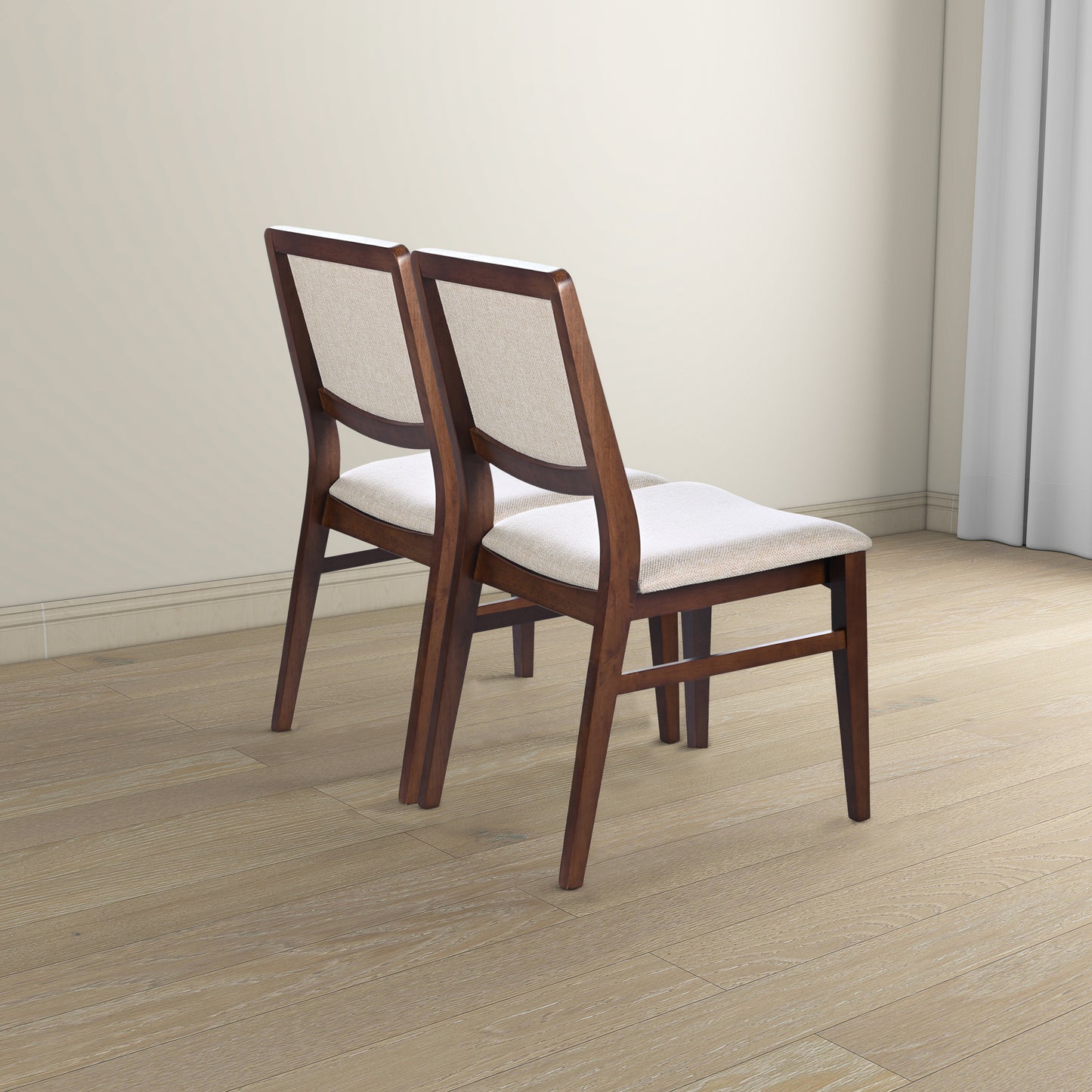 Two brown wooden dining chairs with beige upholstered seats