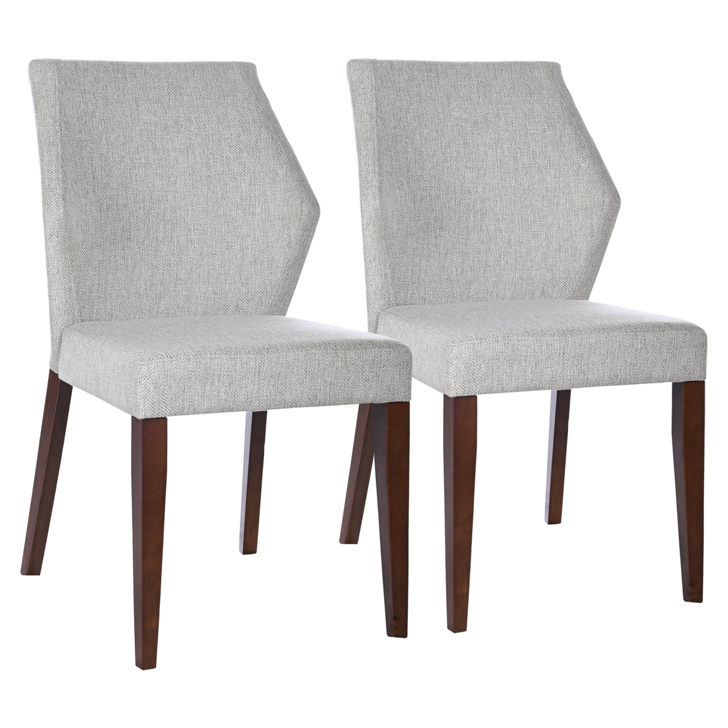 Set of two light grey fabric dining chairs with dark wood legs