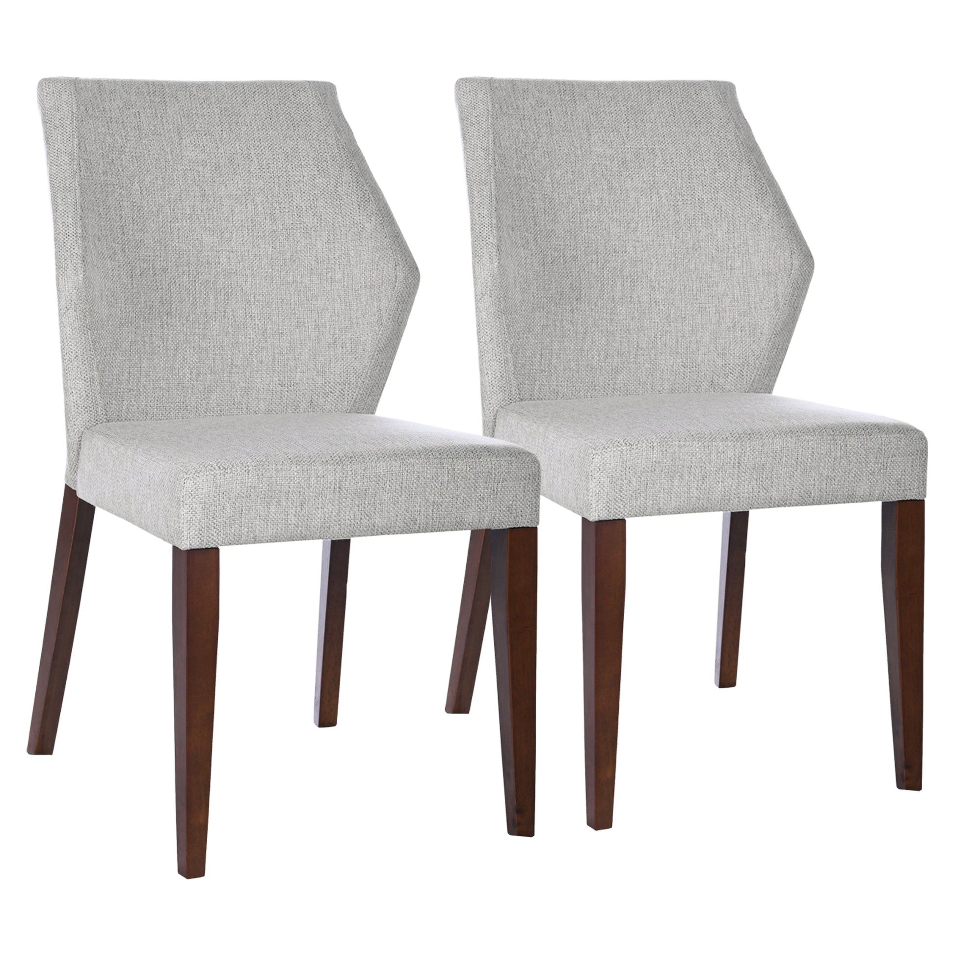 Set of two light grey fabric dining chairs with dark wood legs