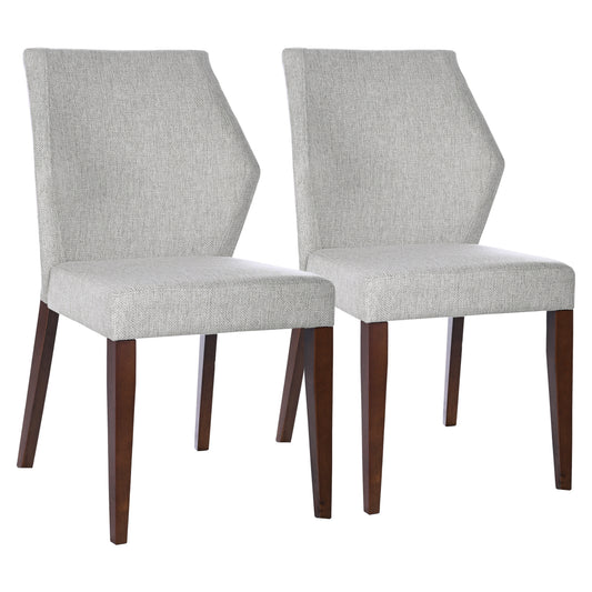 Set of two light grey fabric dining chairs with dark wood legs