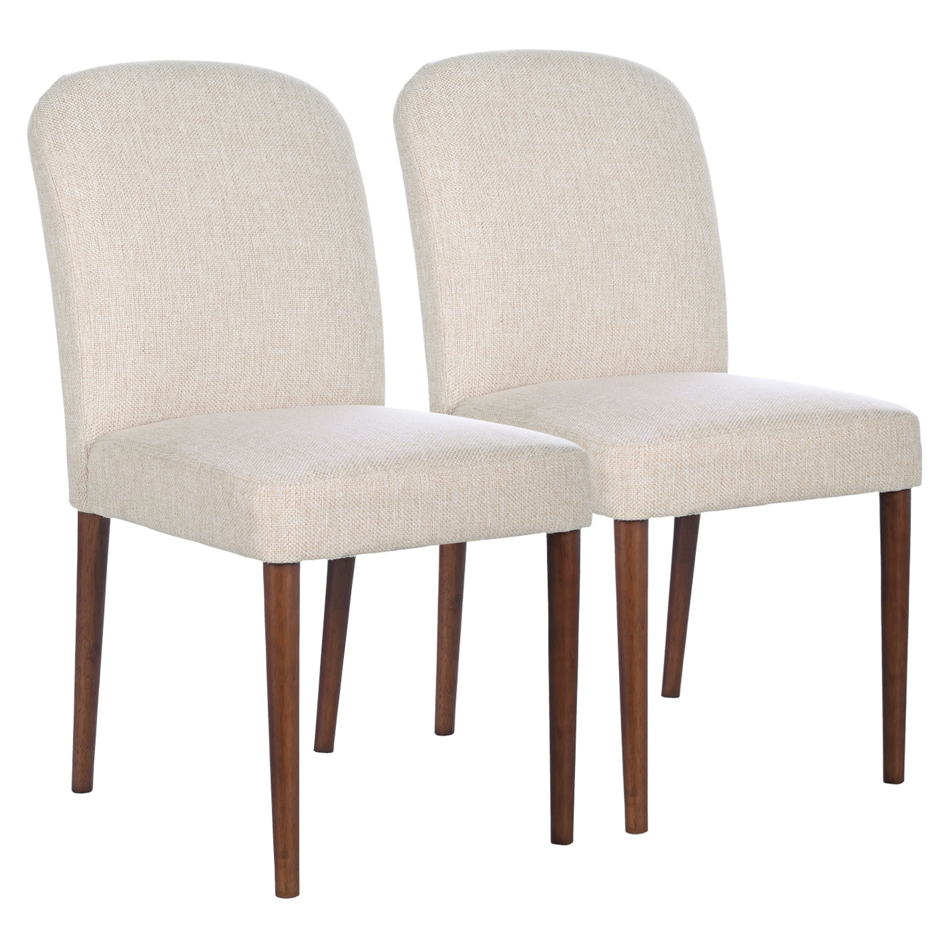 Two natural linen dining chairs with tapered wood legs