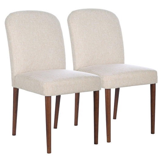 Two natural linen dining chairs with tapered wood legs