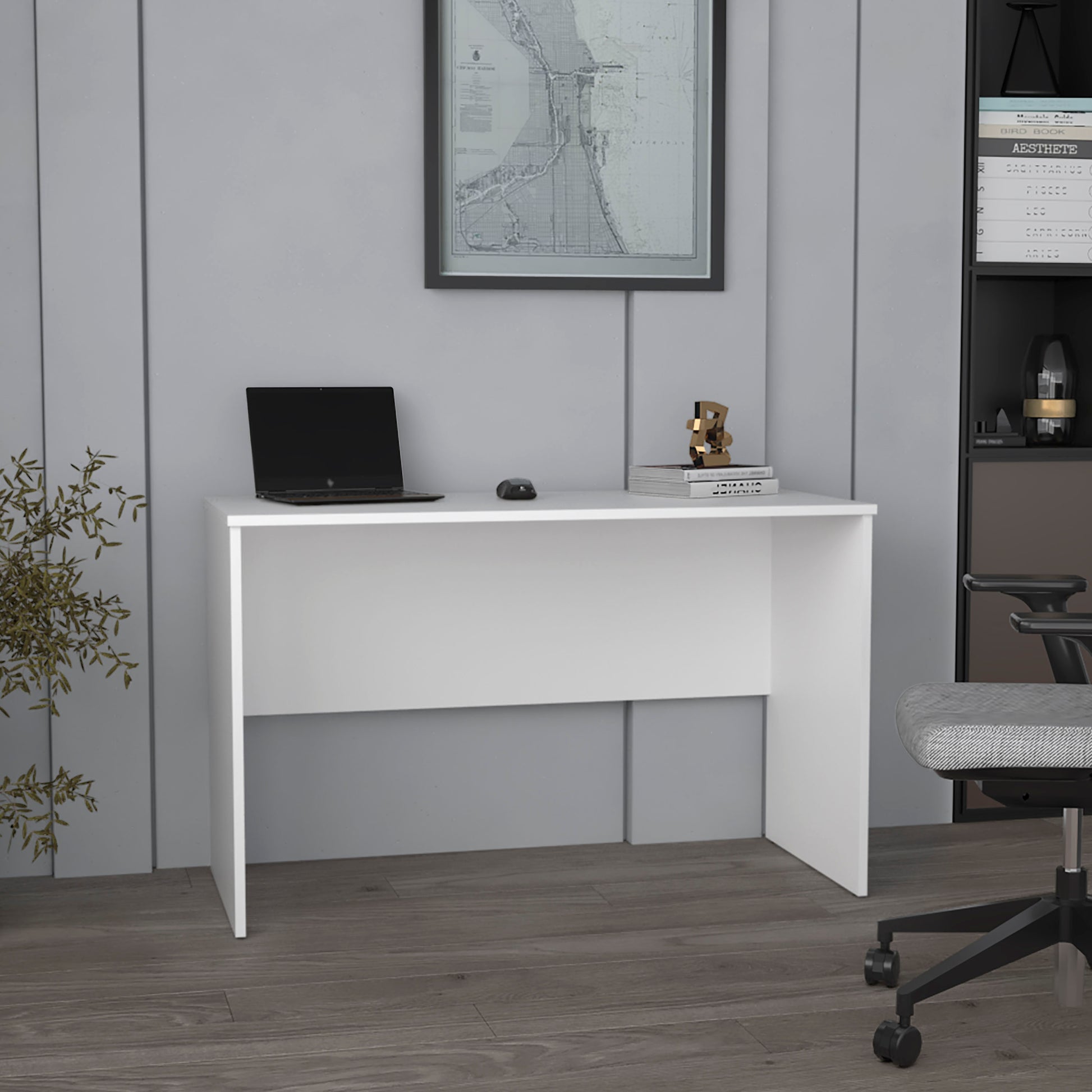 Sleek white modern desk with laptop and mouse