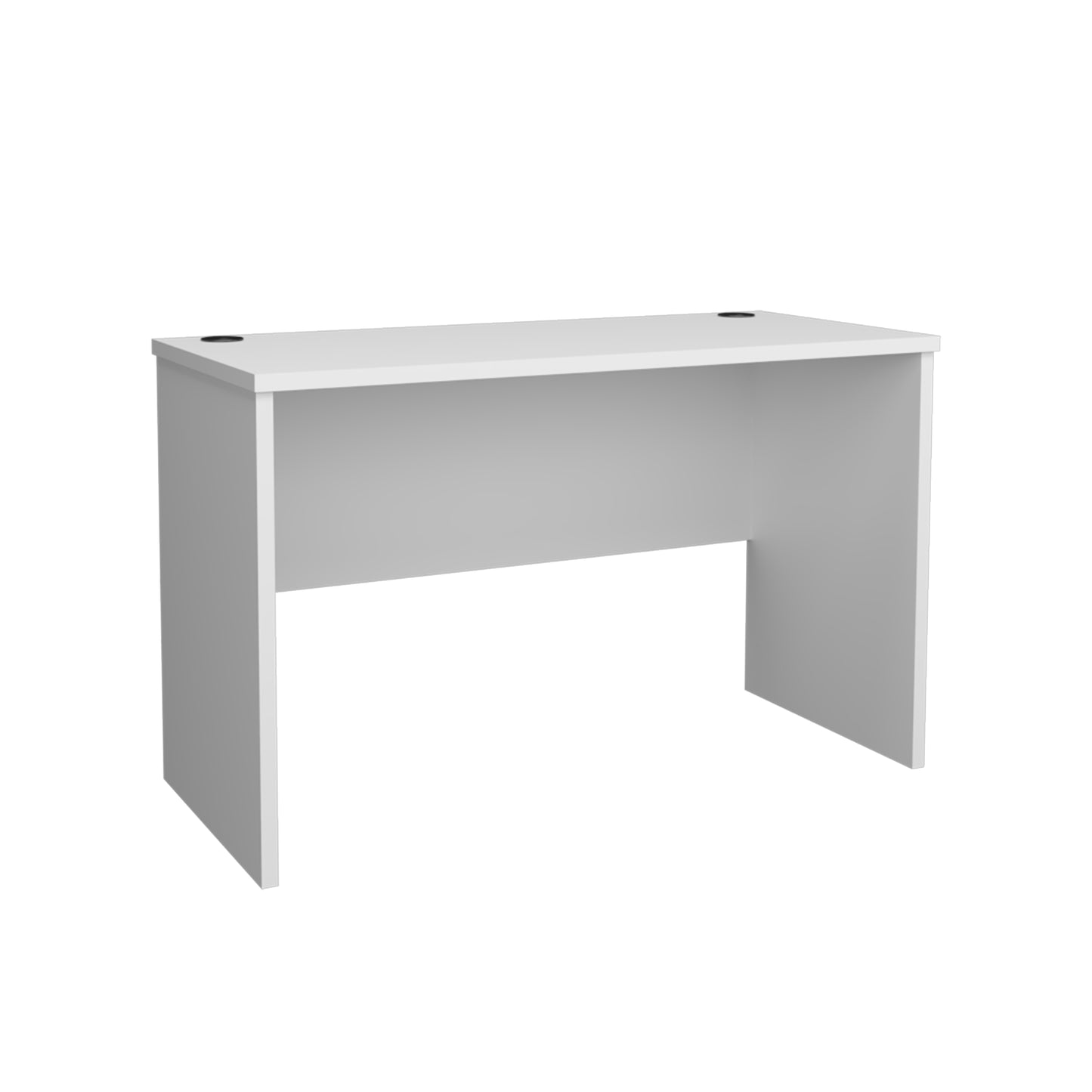 Modern white office desk with grommet holes for cable management