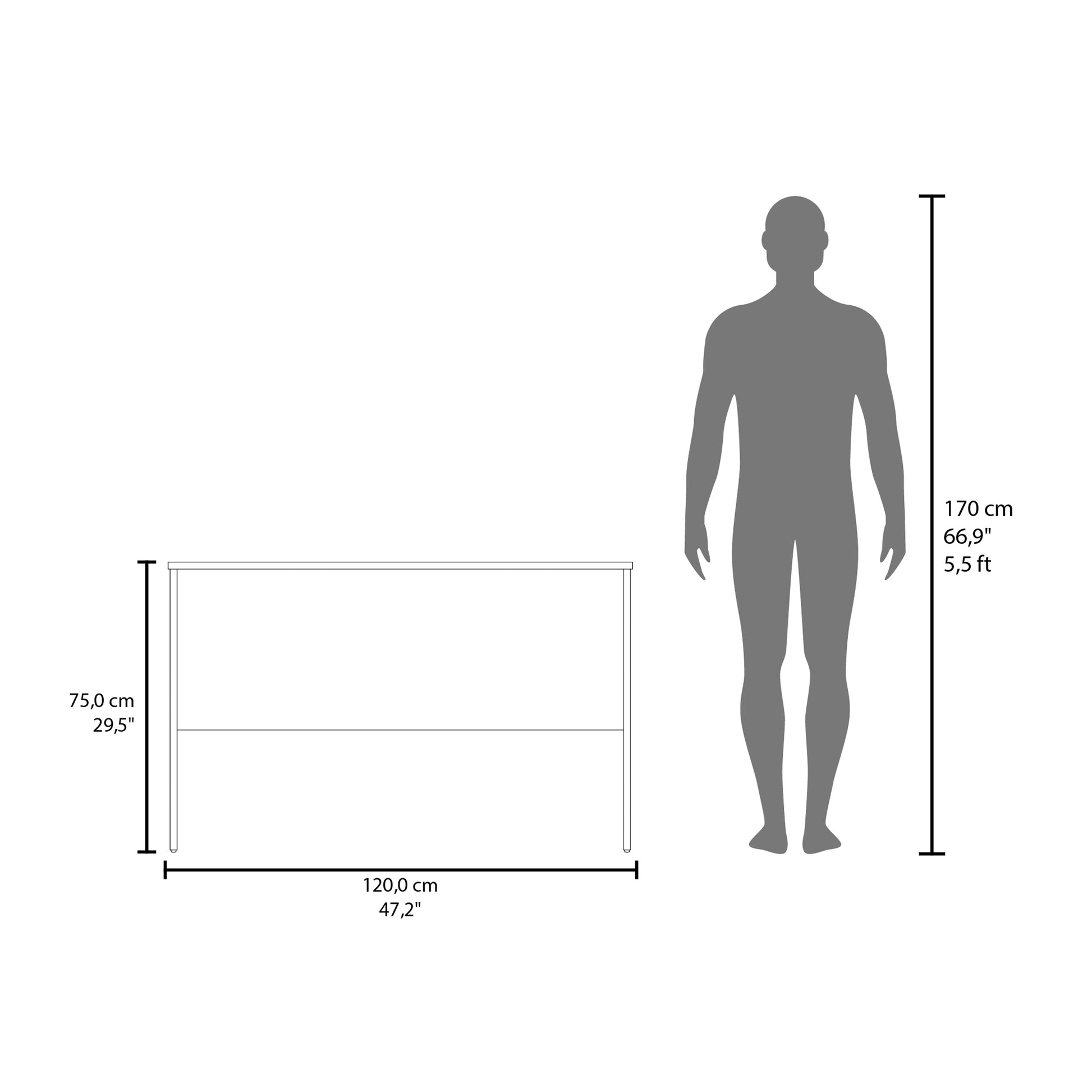 Diagram shows a desk with dimensions cm x cm and a cm person silhouette for scale