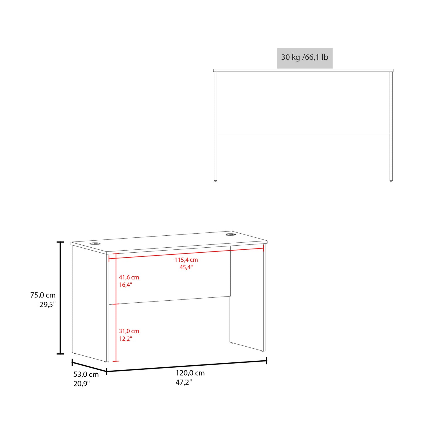 Diagram of a modern white desk with dimensions cm height cm width cm depth