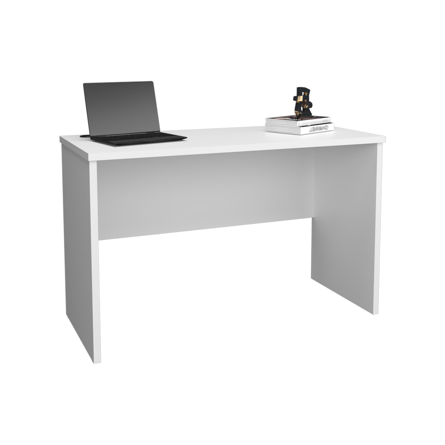 Clean white modern desk with laptop and books