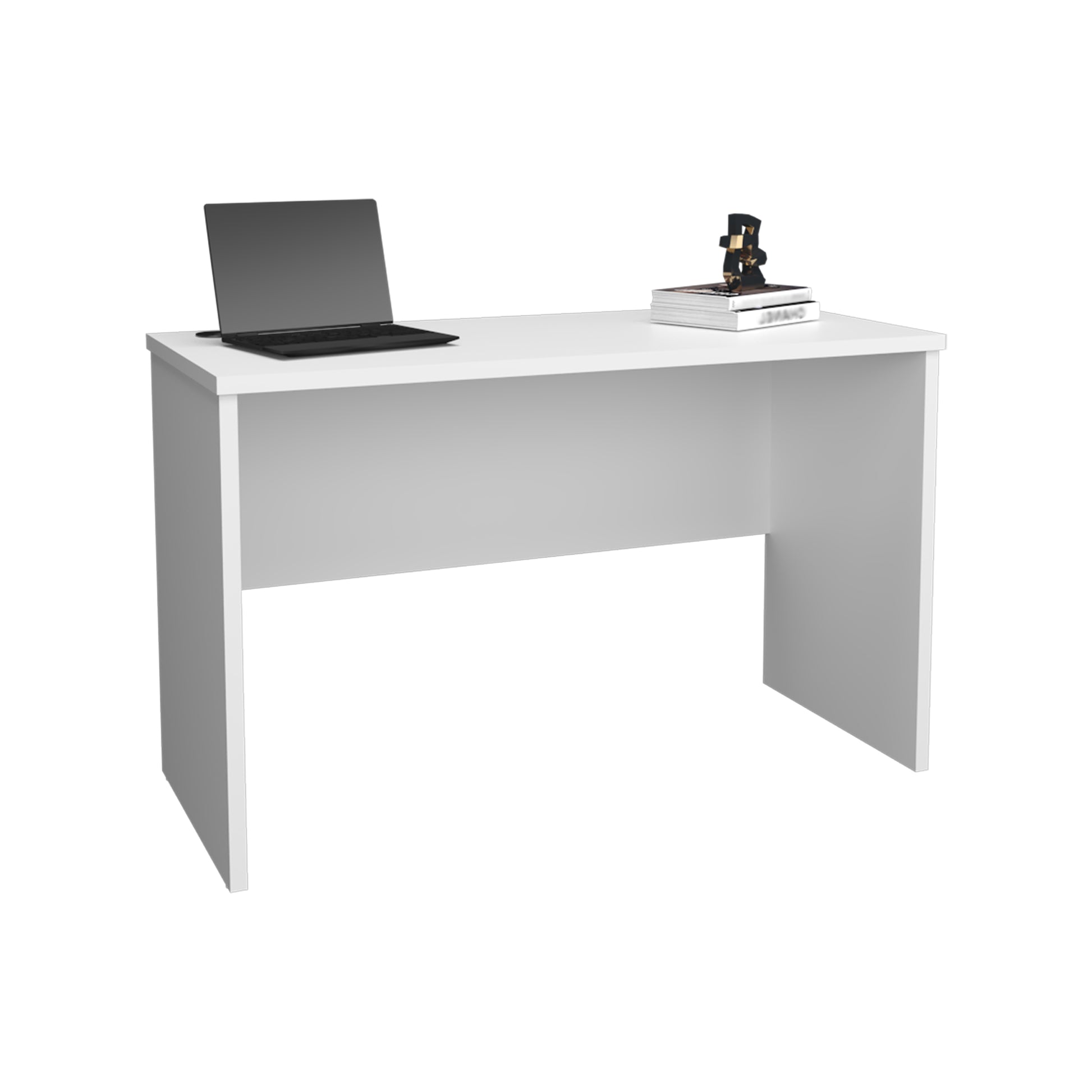 Clean white modern desk with laptop and books