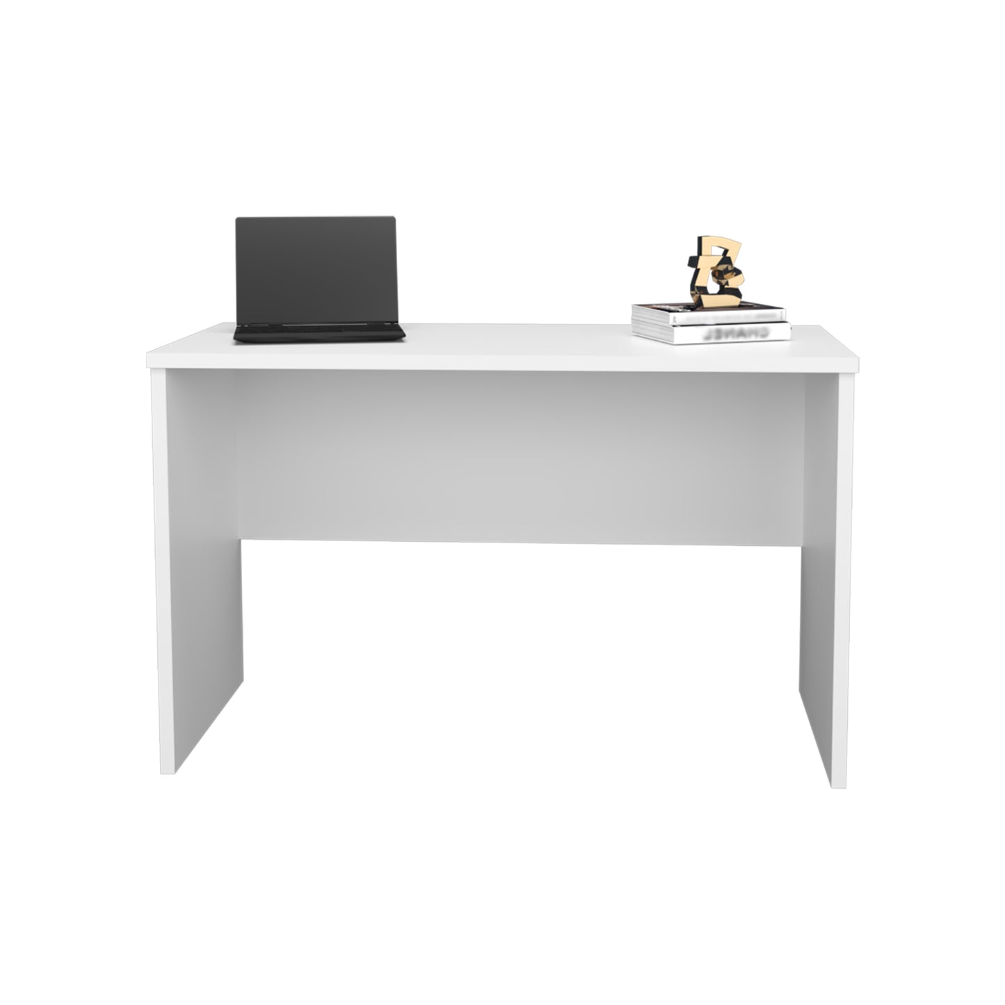 Modern white rectangular desk with laptop and decorative books