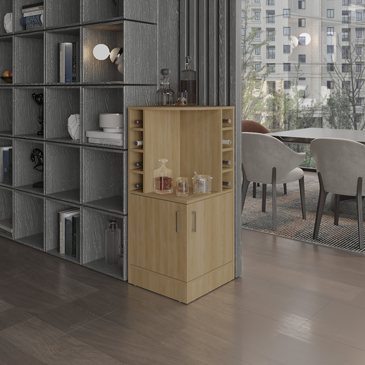 Corner bar cabinet in light oak wood finish with wine racks and storage