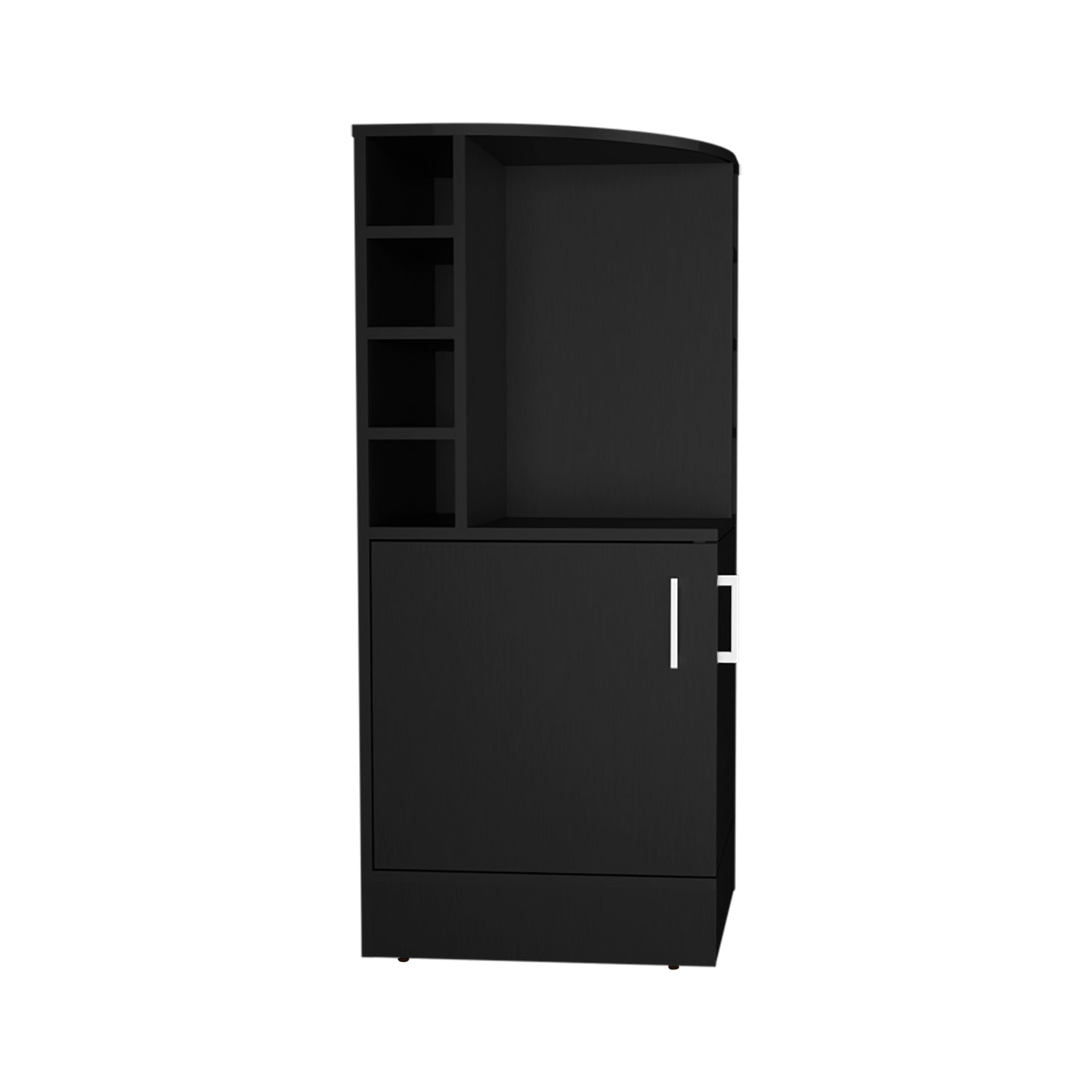 Black modern storage cabinet with open shelves and a single door