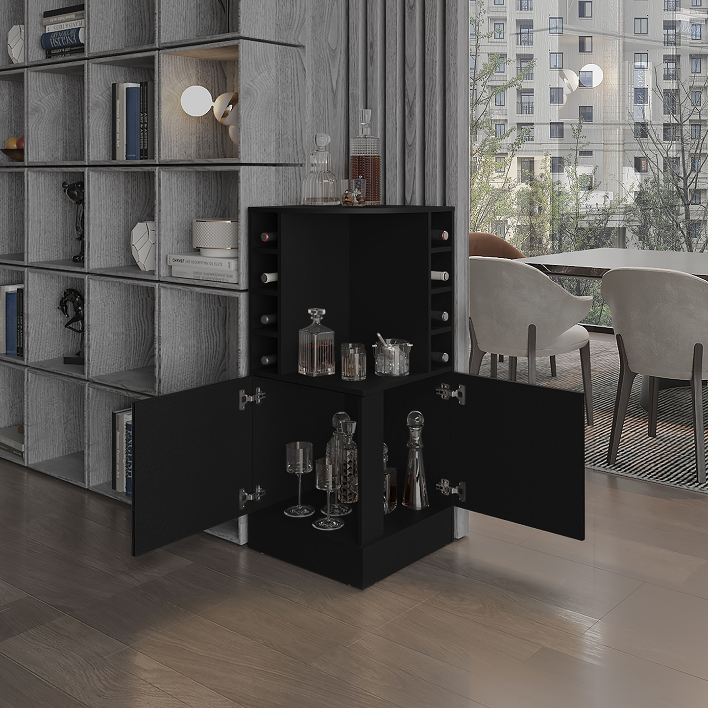 Modern black corner bar cabinet with builtin wine racks and glass storage