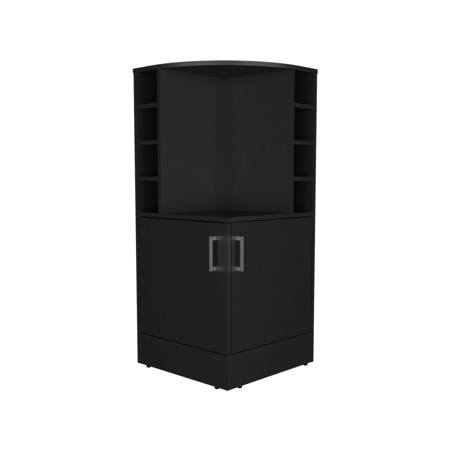 Black corner cabinet with open shelving and a doubledoor lower compartment