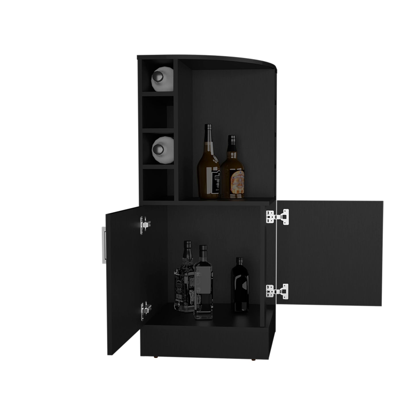 Black modern bar cabinet with wine rack and open compartments