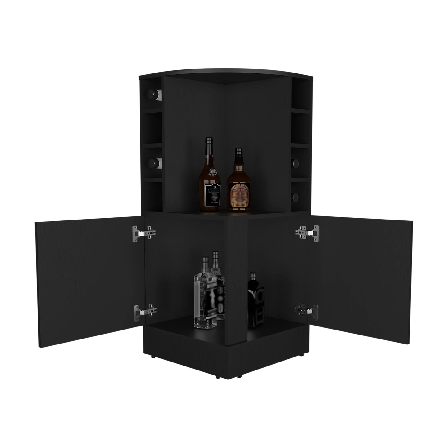 Black corner bar cabinet with wine slots and open doors