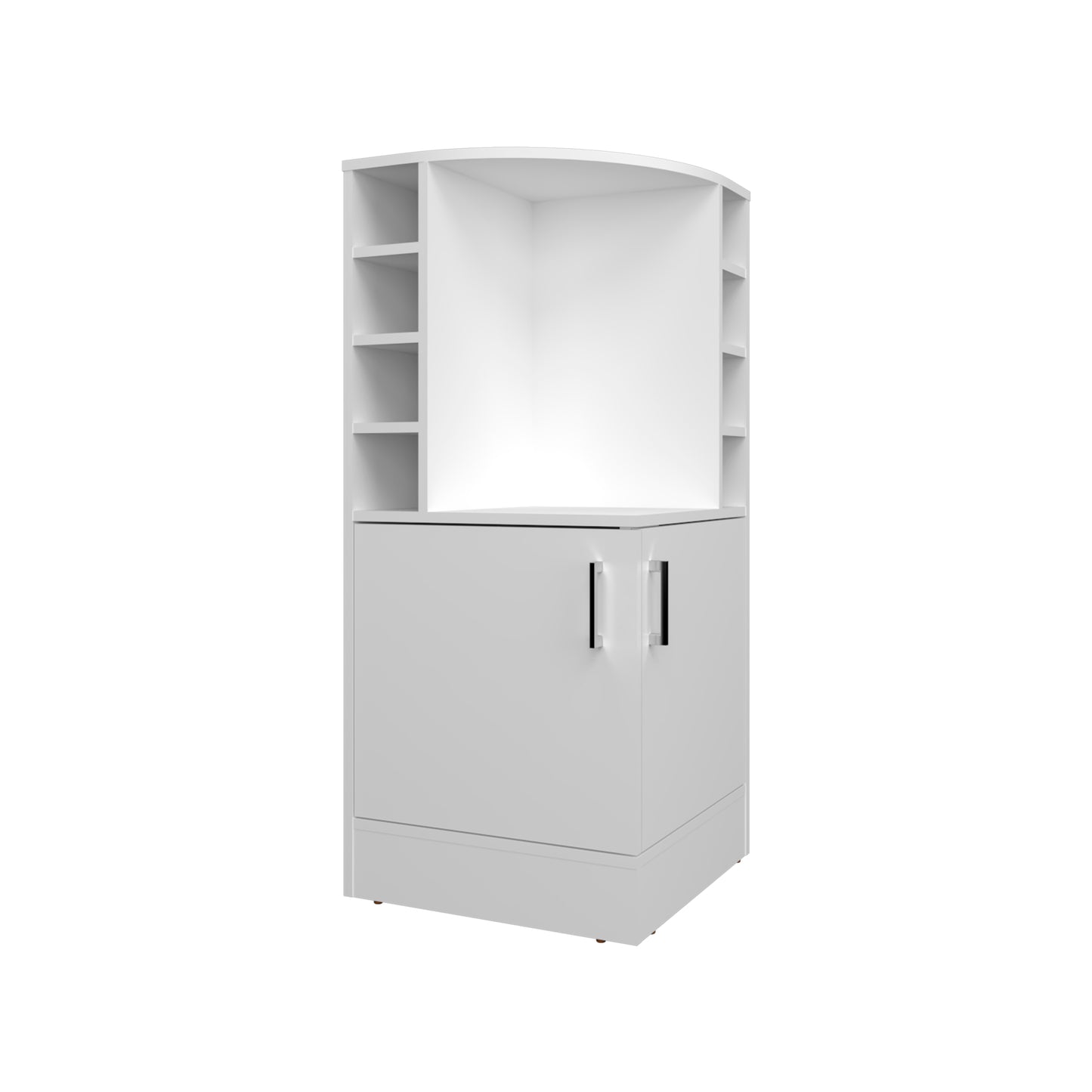 Modern white corner cabinet with open shelves and dual doors for storage