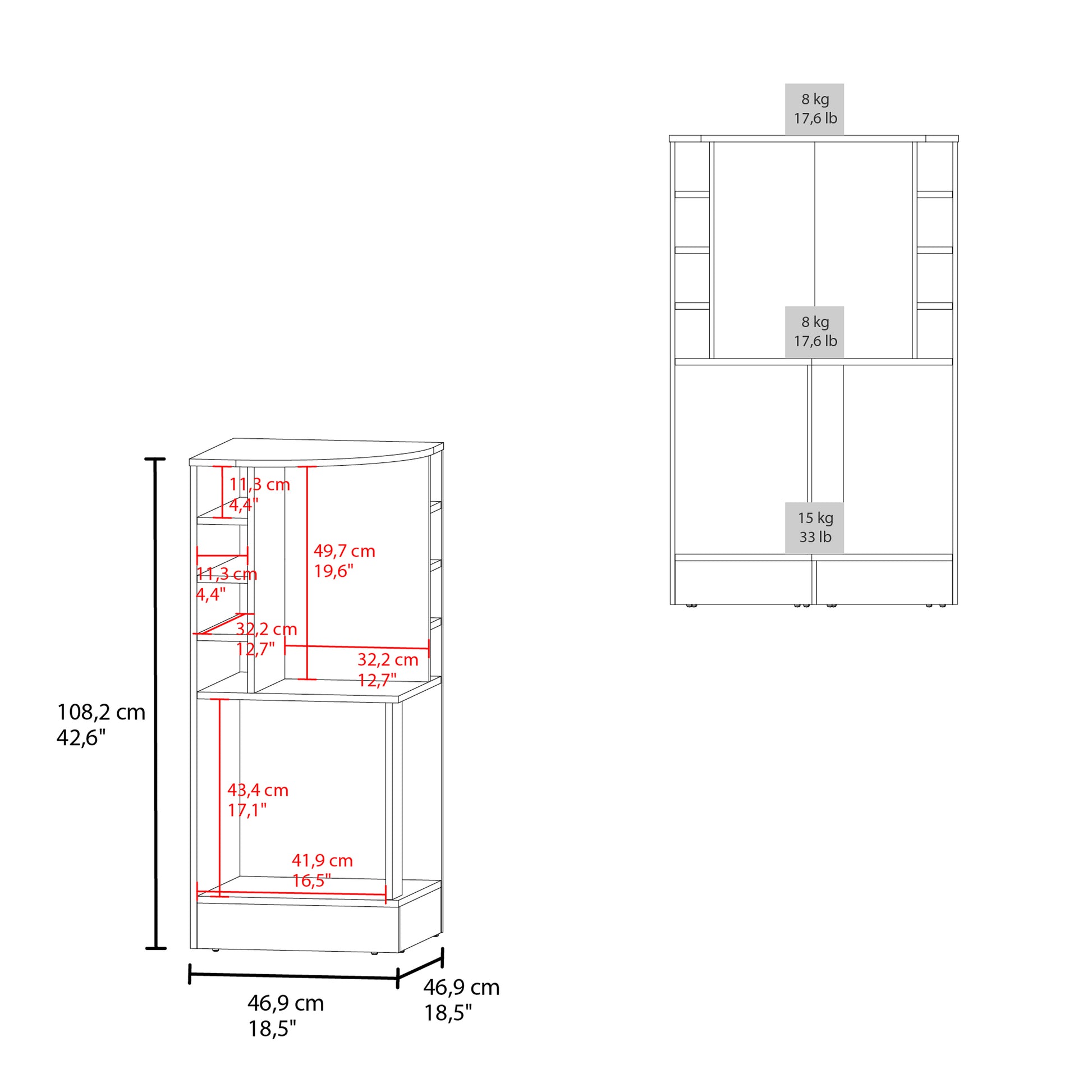 Line drawing of a white corner shelving unit with dimensions