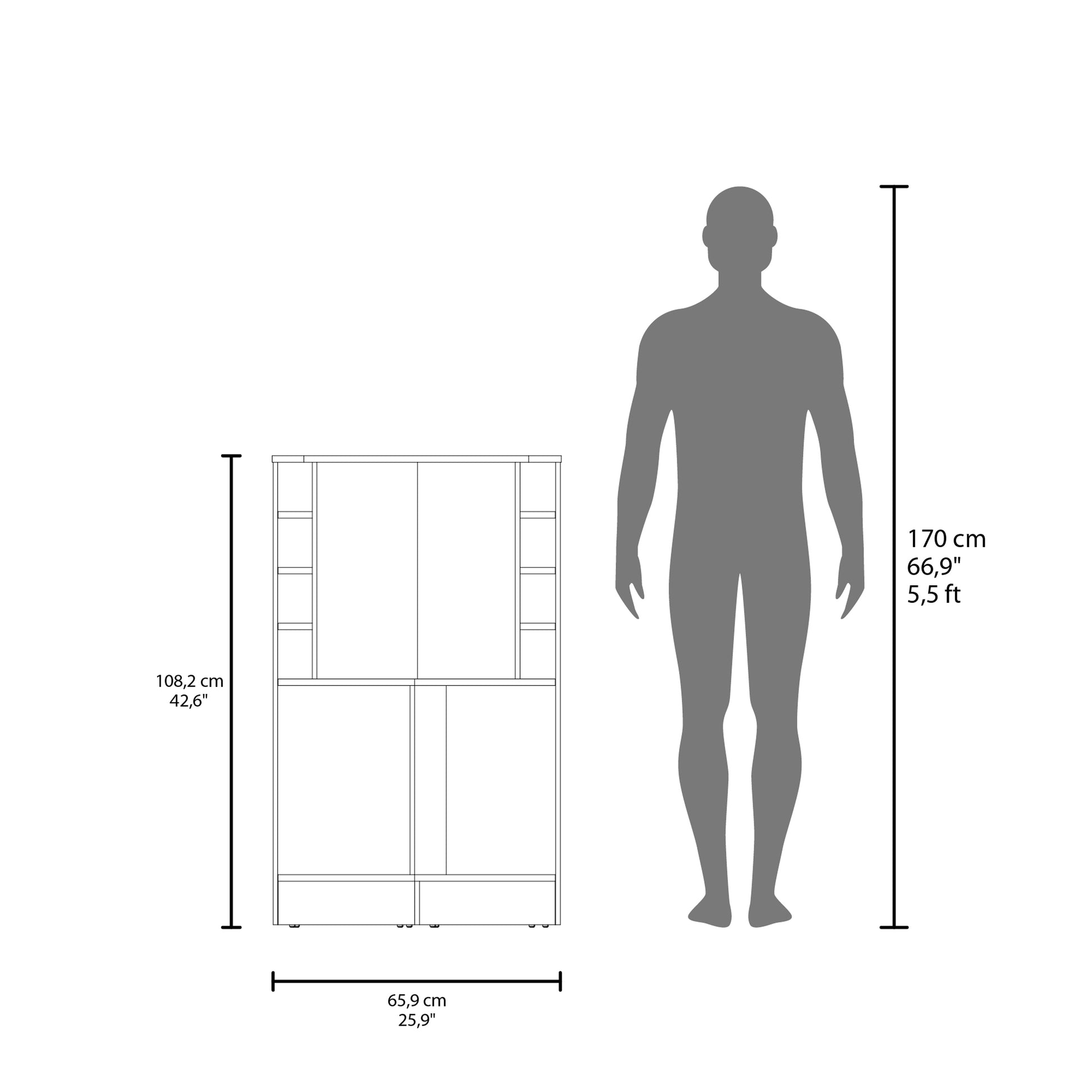Modern white storage cabinet dimensions shown next to a human silhouette