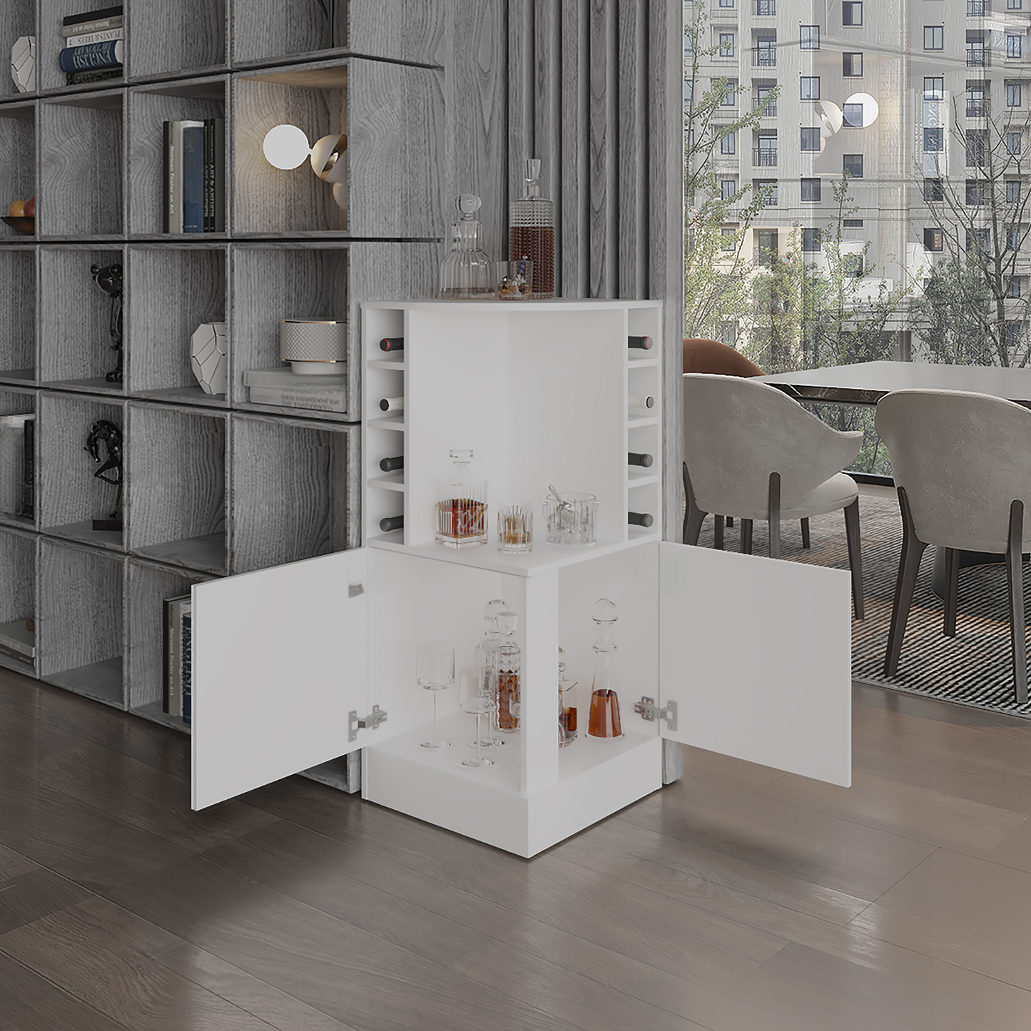 White modern bar cabinet with builtin wine rack and open doors revealing glassware