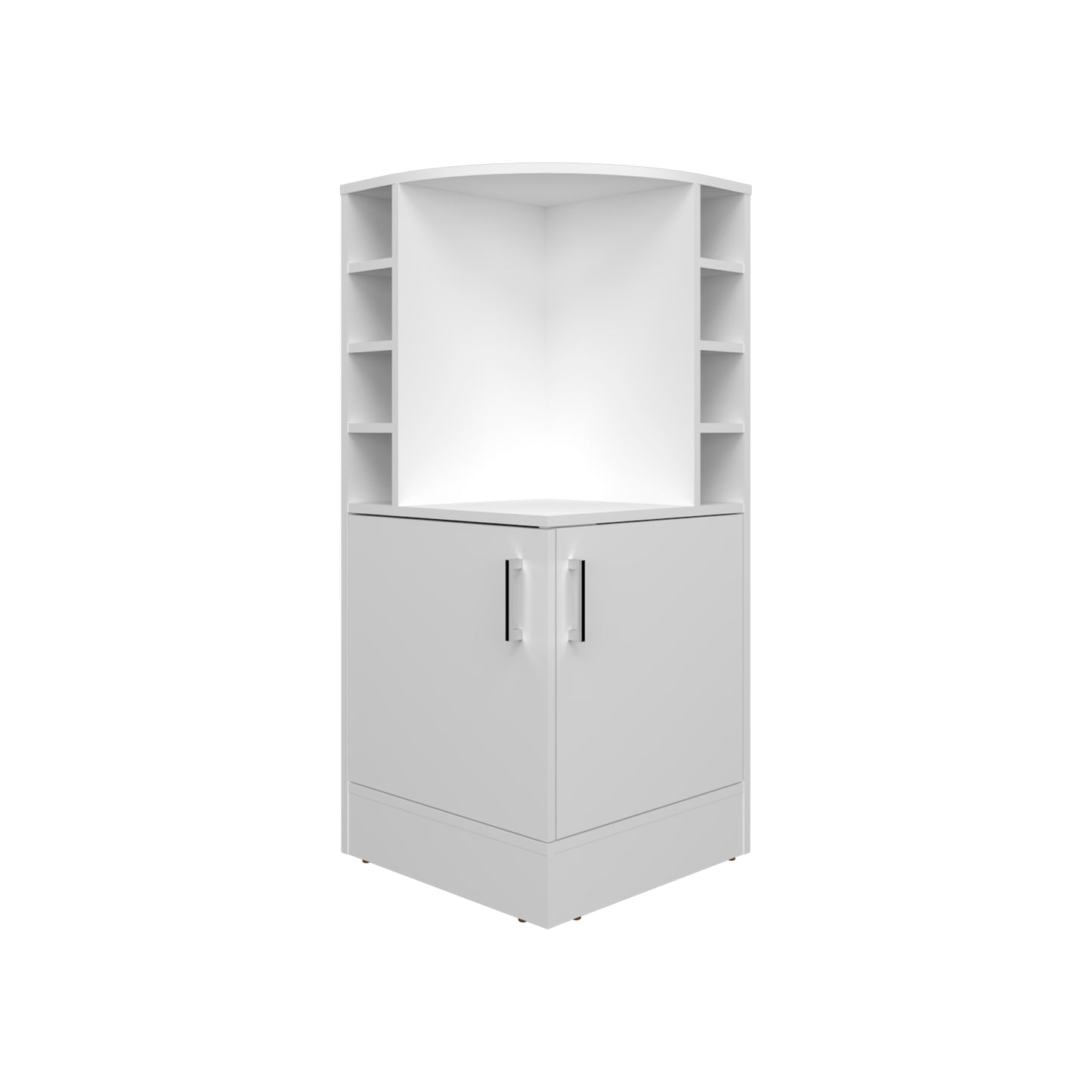 White corner cabinet with two doors and open shelving
