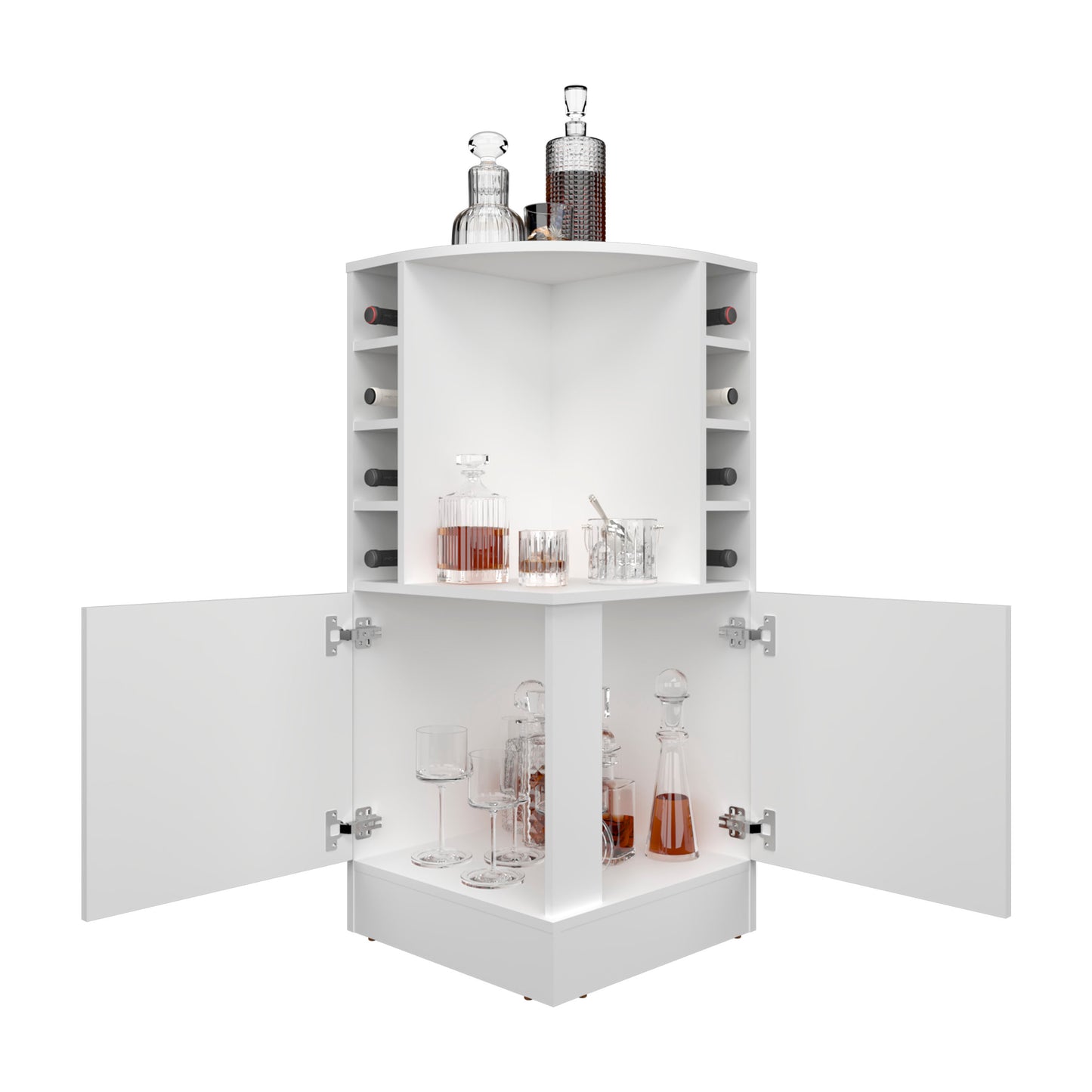 White corner bar cabinet with wine rack and glass storage