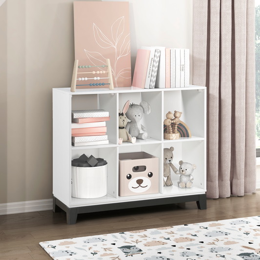 White cube storage bookshelf with wooden legs and educational toys