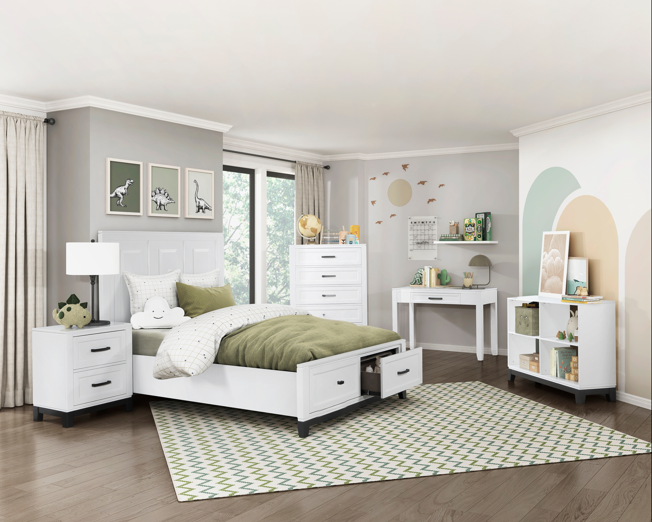 White wooden bed frame with green bedding and dinosaur artwork