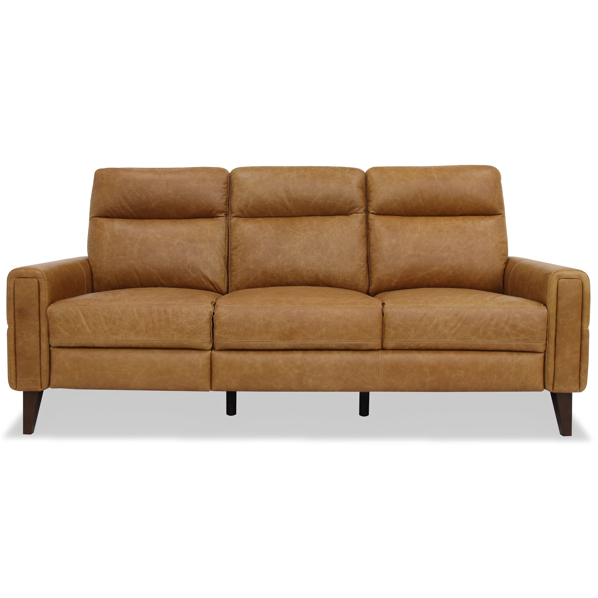 Tan leather recliner sofa with padded cushions and tufted backrests