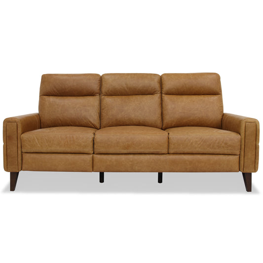 Tan leather recliner sofa with padded cushions and tufted backrests